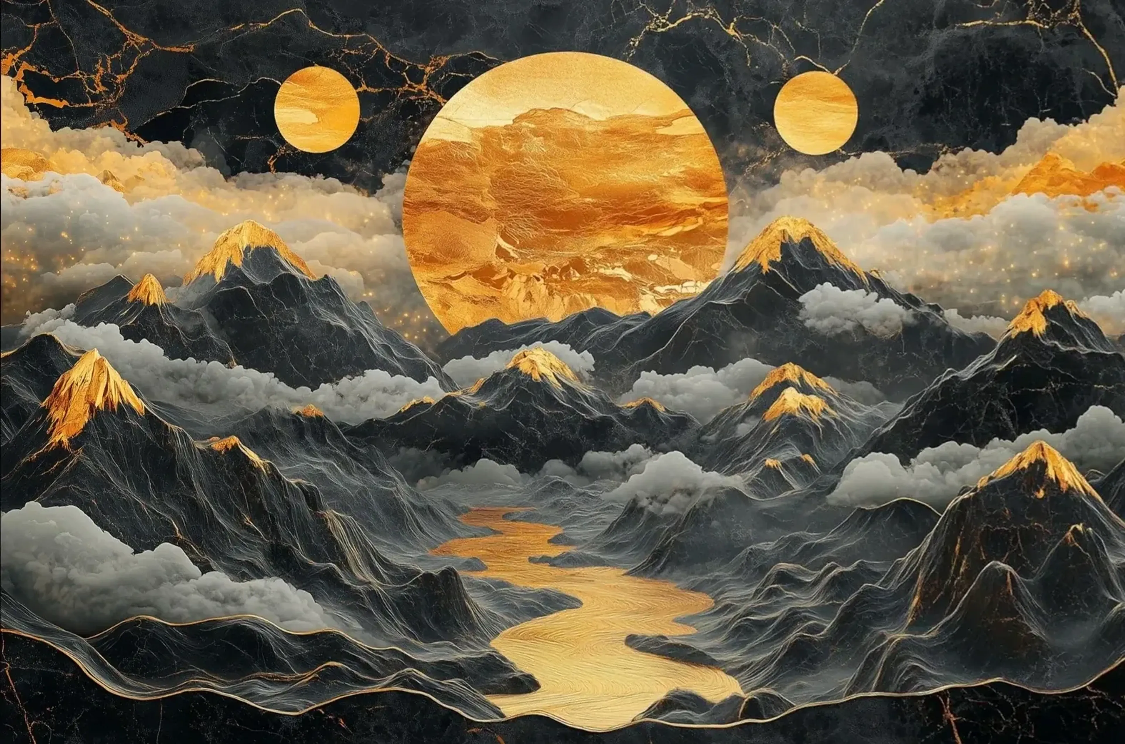 Ein goldener Fluss windet sich durch dunkle Berge und Wolken unter einer großen Sonne und zwei kleineren Kugeln.