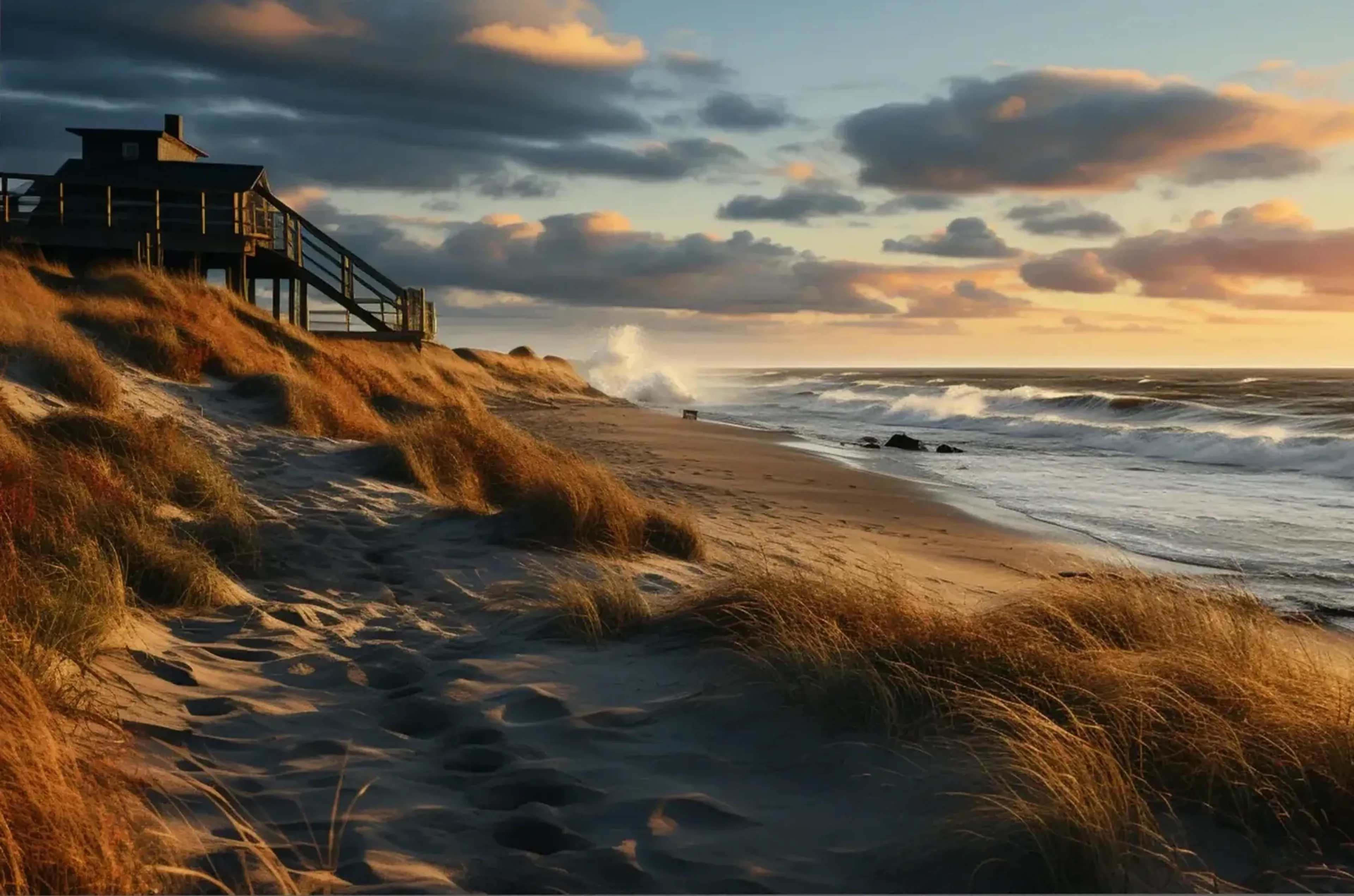 Fußspuren im Dünensand führen an goldbraunen Gräsern und einem Holzhaus vorbei zum Meer mit anrollenden Wellen.