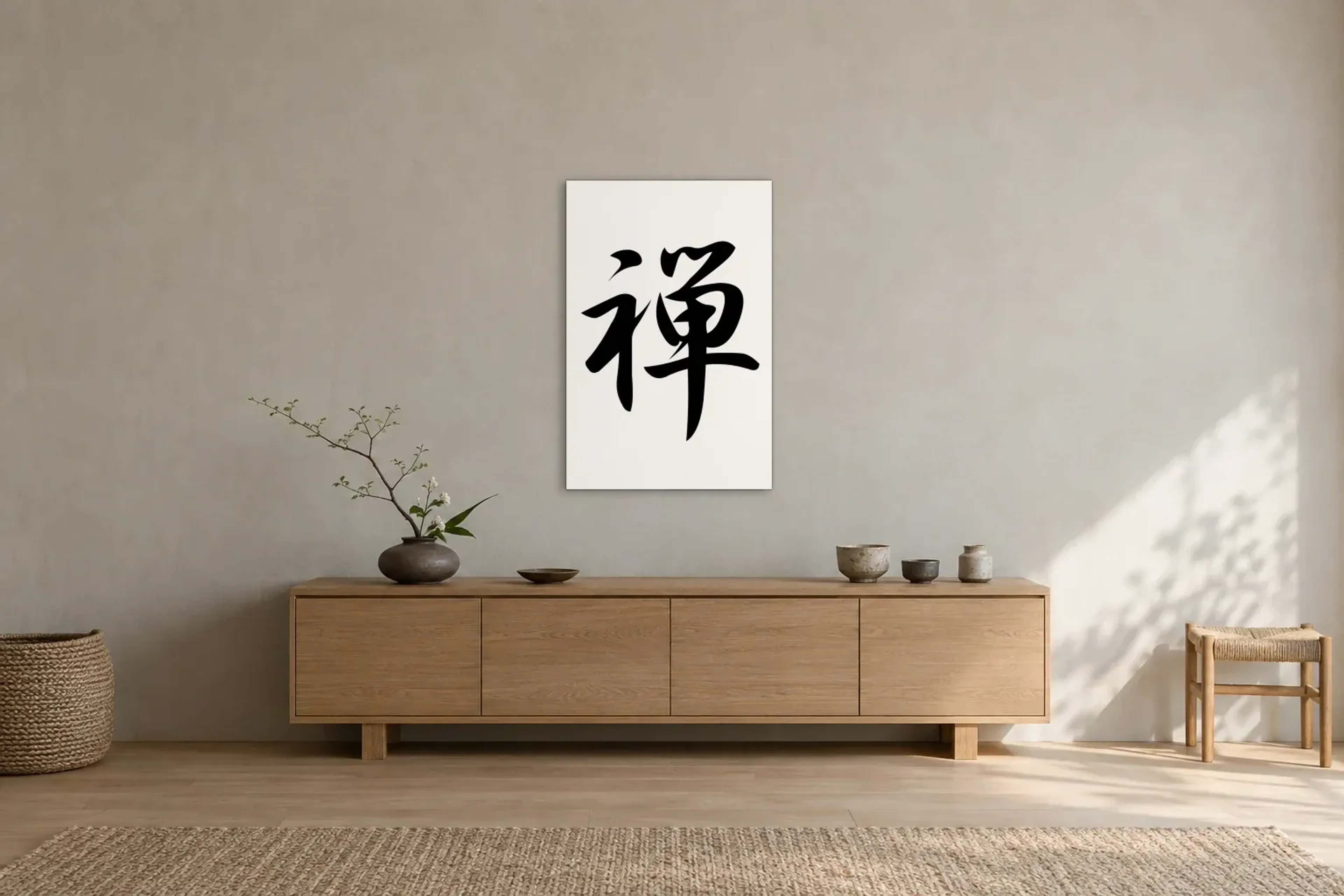 Zeichen mit weitem Schwung als Wandbild über einem 180-cm-Sideboard