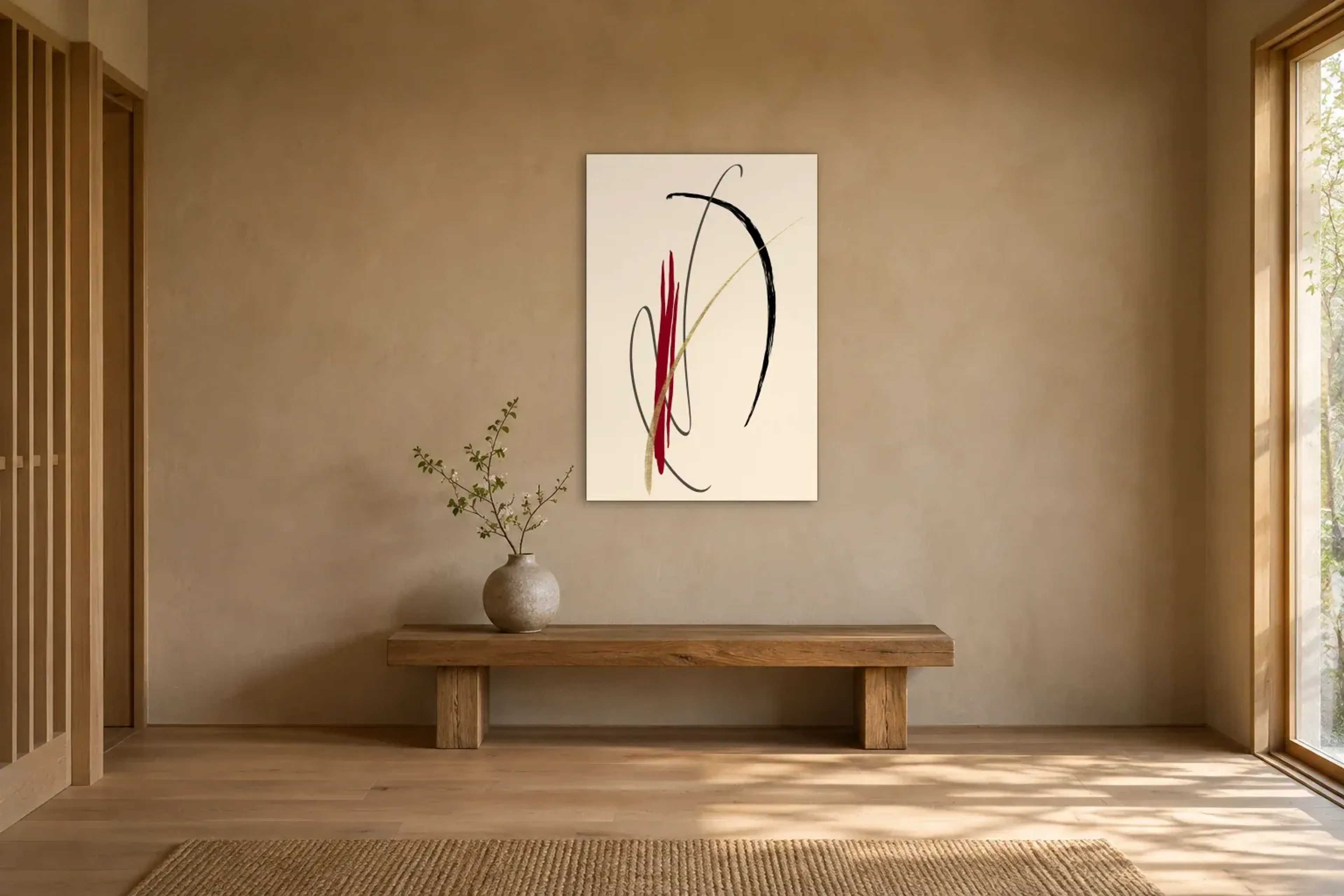 Bögen in Rot und Gold als Wandbild über einer 120-cm-Holzbank