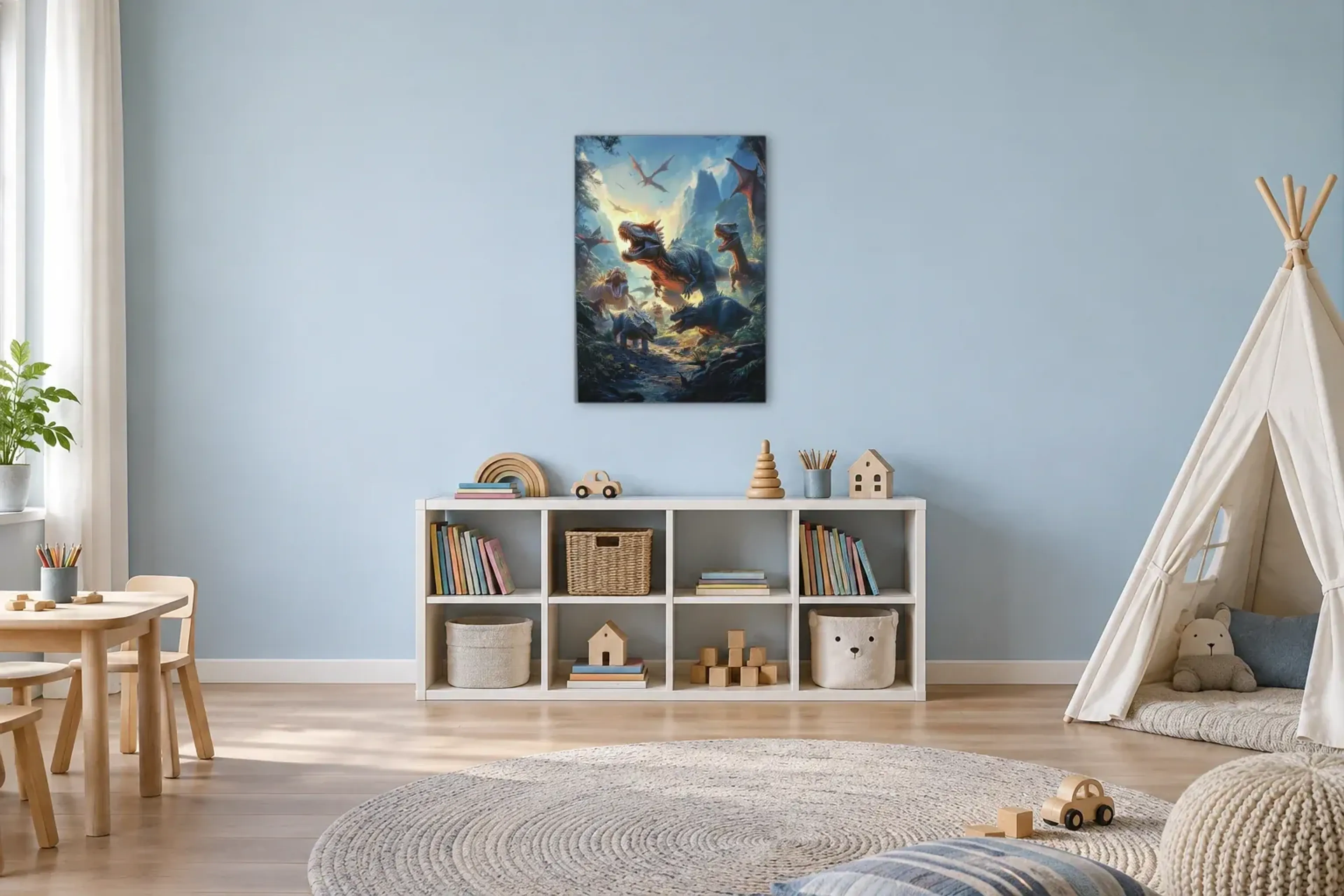 Dinosaurier im wilden Felstal als Wandbild über einem 120-cm-Spielregal