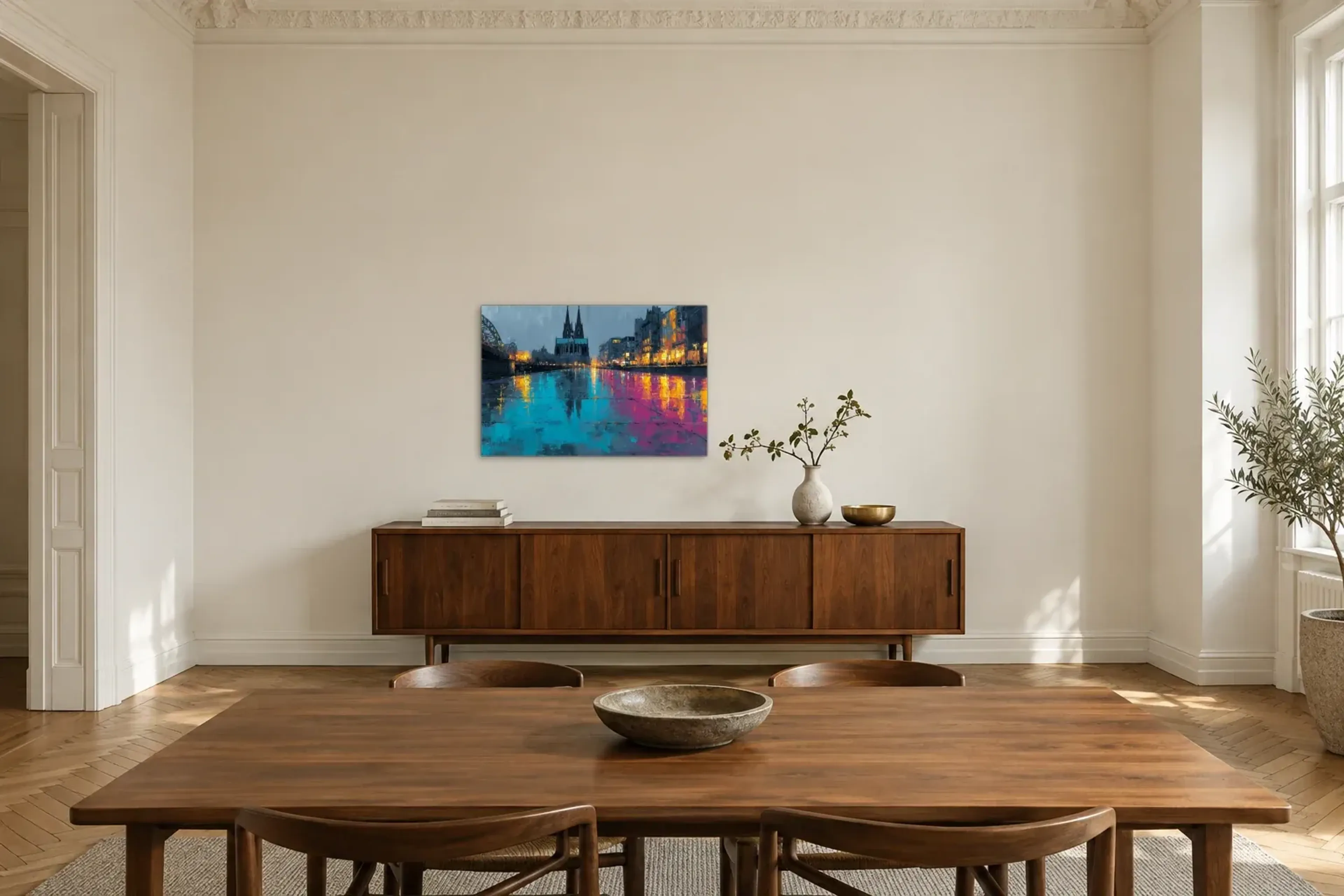 Köln in leuchtenden Reflexionen als Wandbild über einem 200-cm-Sideboard