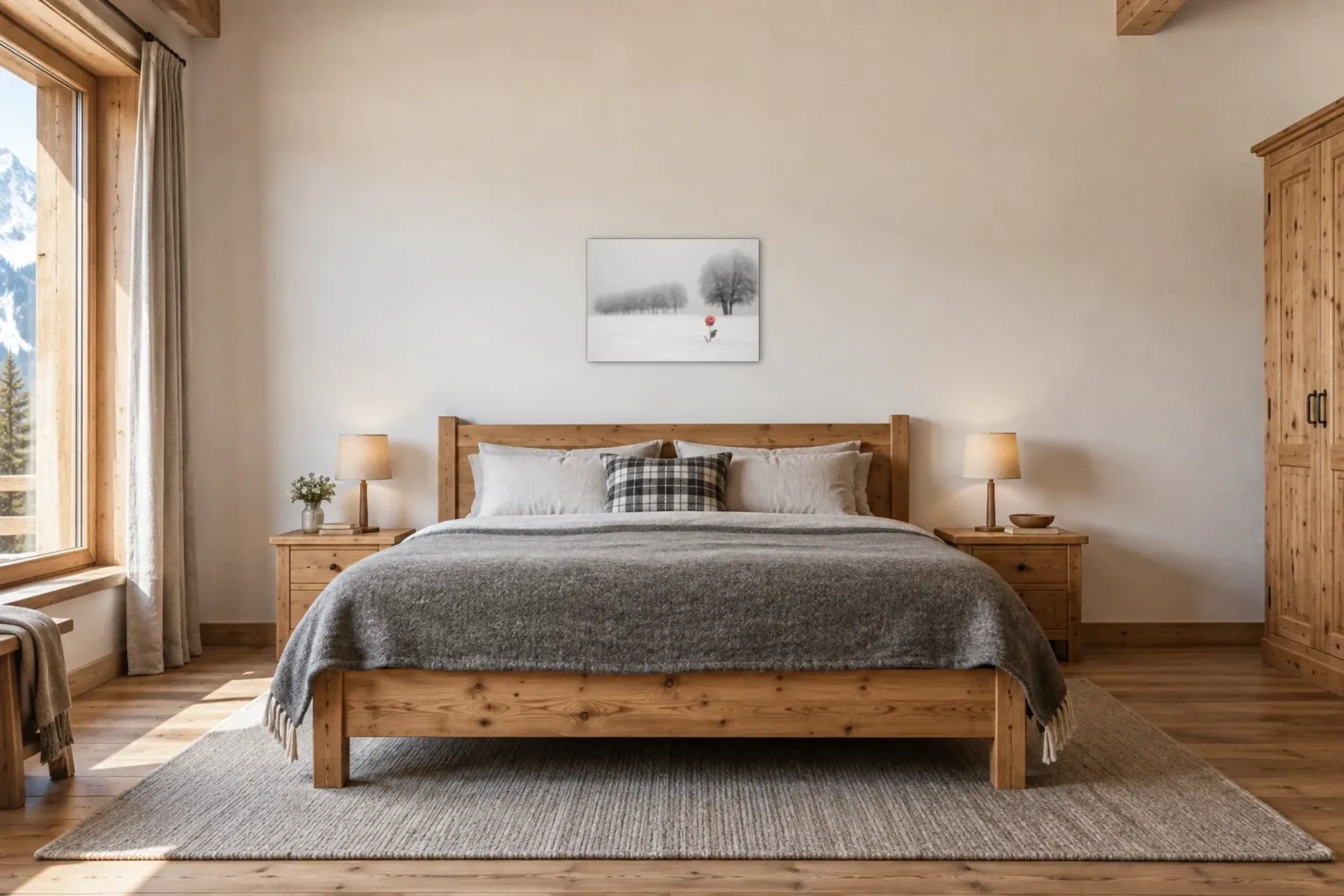 Winterrot im Schnee als Wandbild über einem 180-cm-Bett