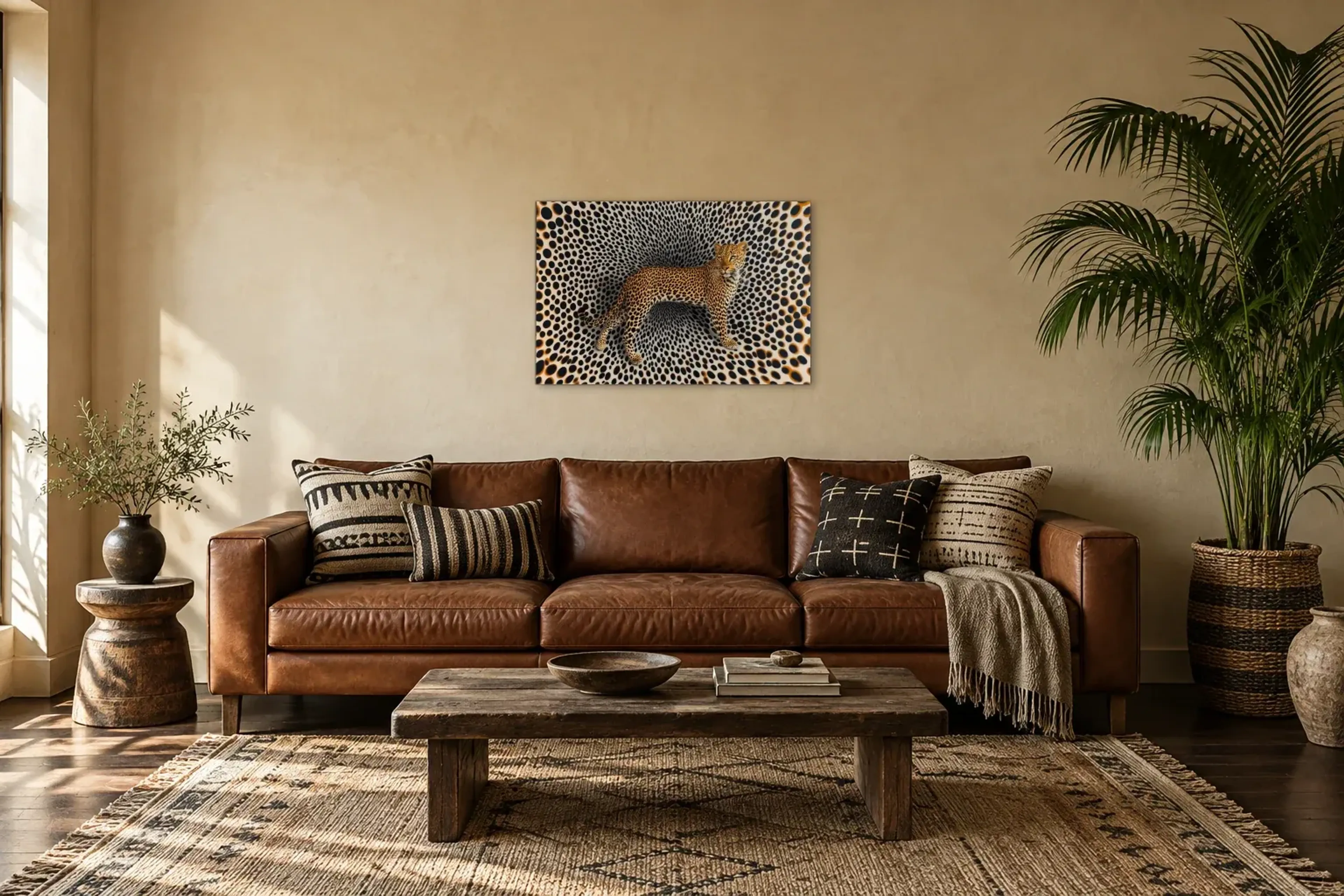 Leopard im Punktemuster als Wandbild über einem 220-cm-Sofa