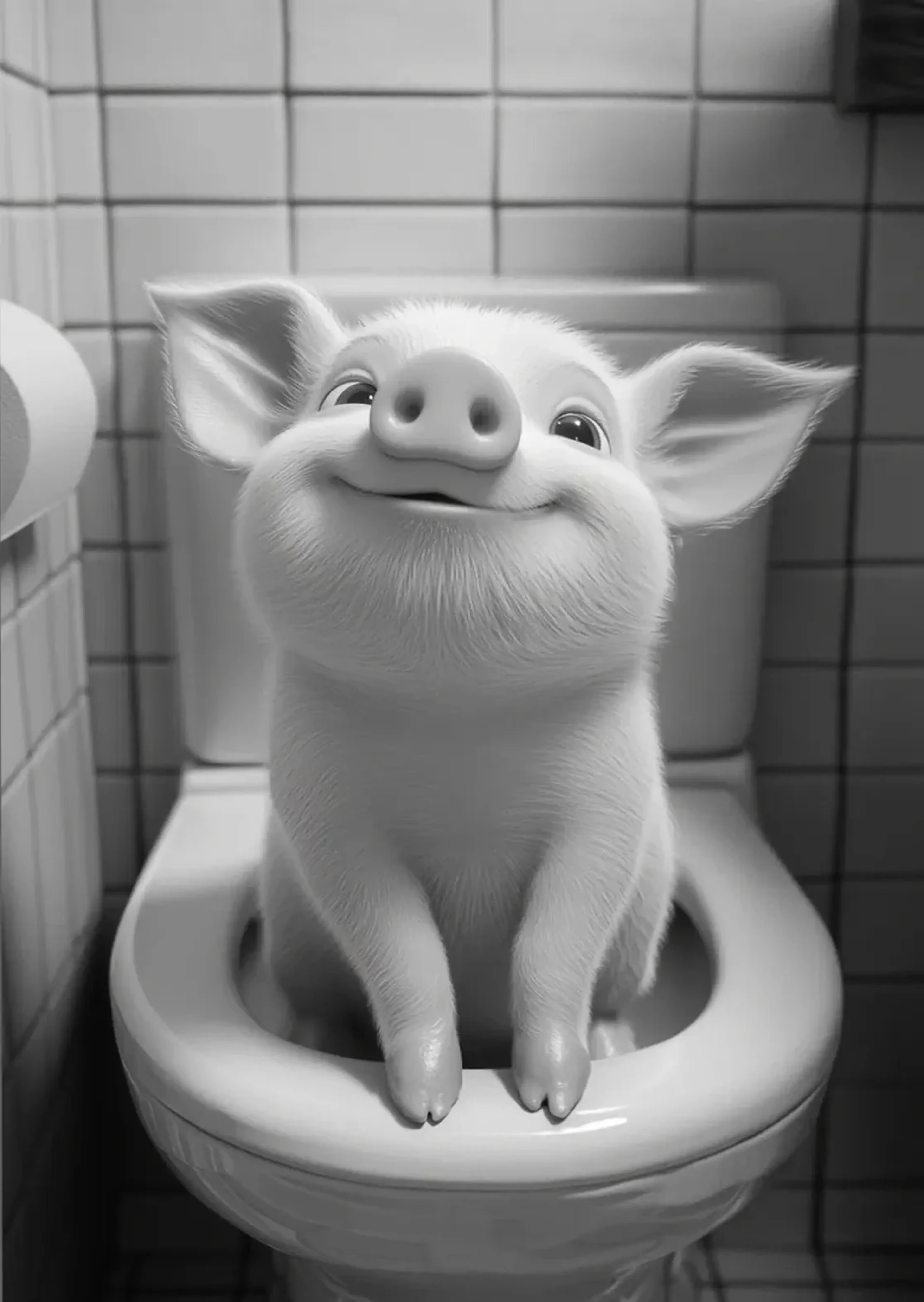Ein lächelndes Ferkel mit hochgereckter Schnauze sitzt auf einer Toilette und stützt die Vorderhufe auf die Brille.