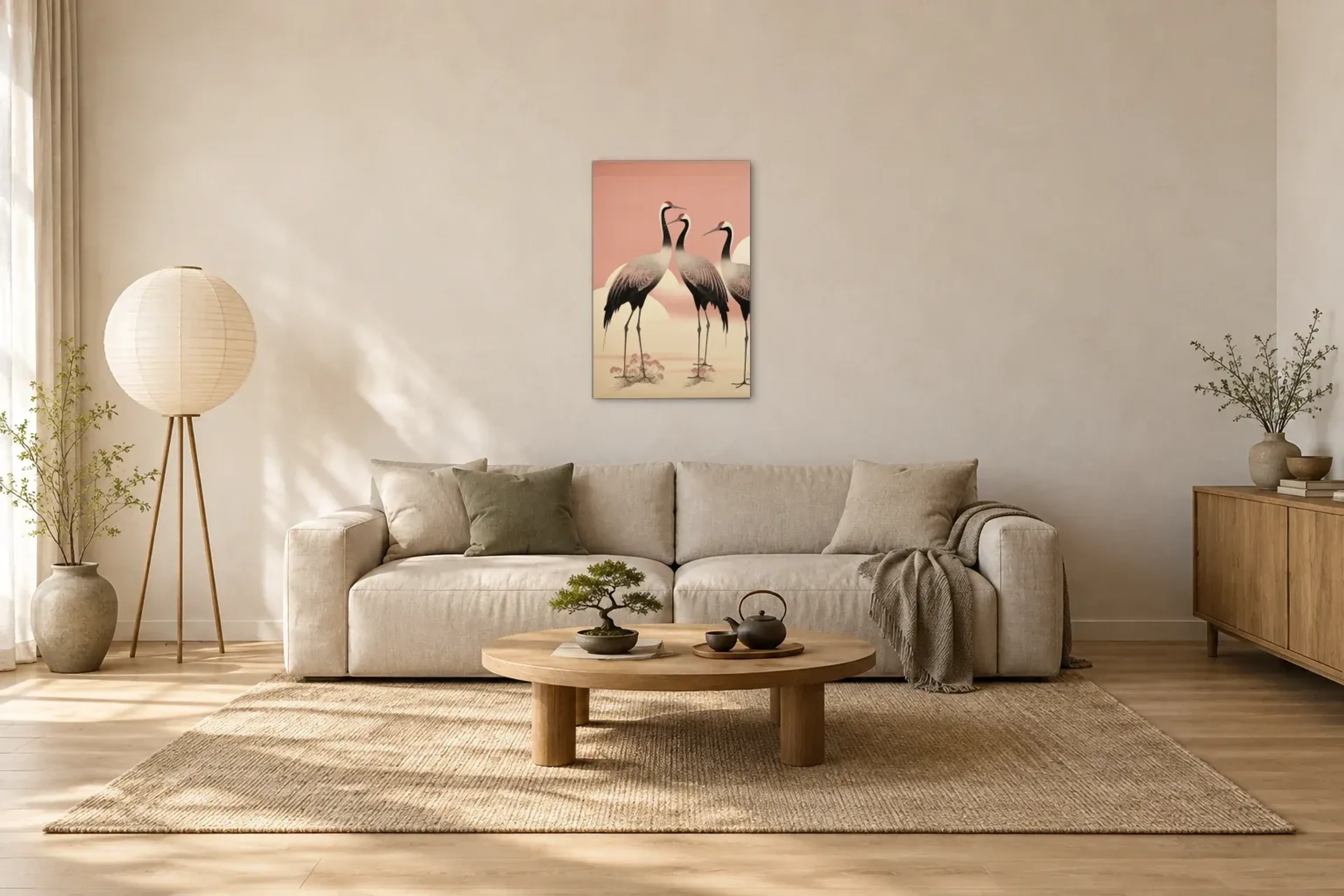 Kraniche in Rosé als Wandbild über einem 220-cm-Sofa