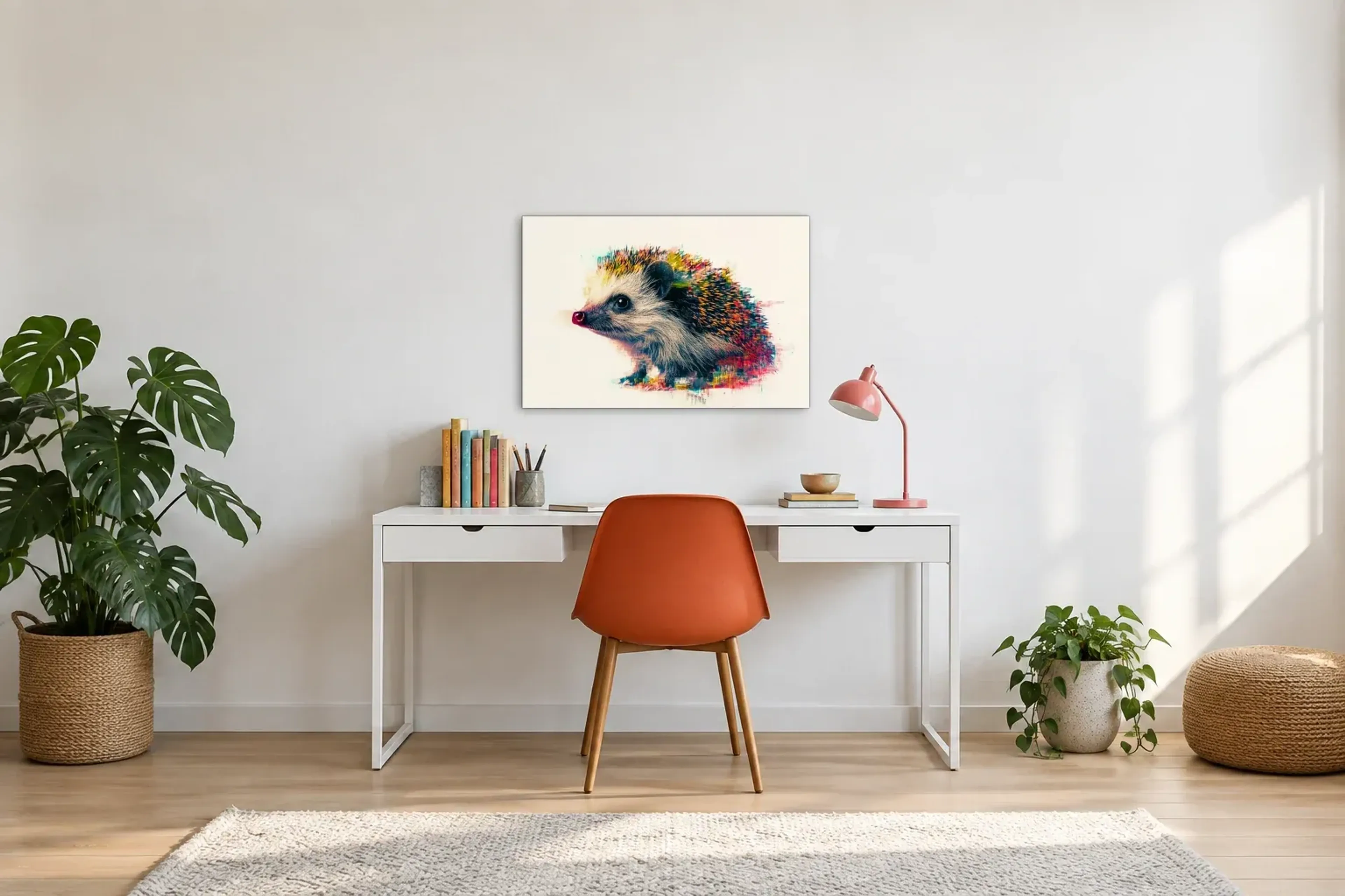 Igel mit bunten Stacheln als Wandbild über einem 140-cm-Schreibtisch