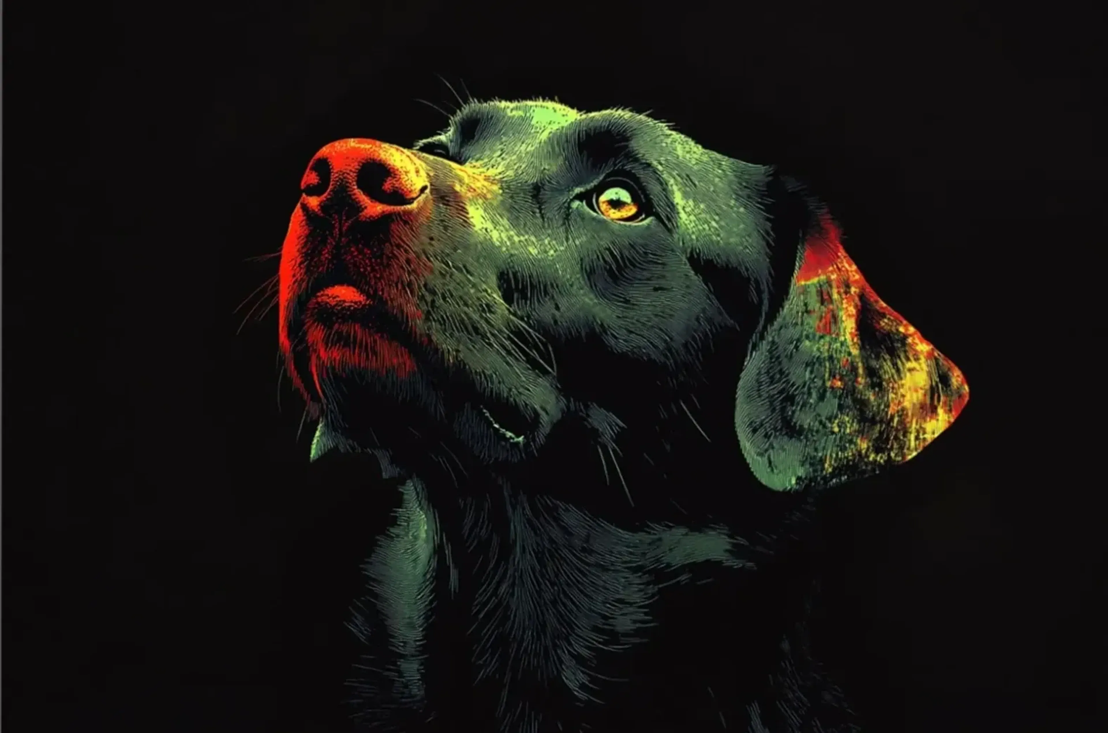 Dunkler Labrador blickt nach links oben, mit grünlichen Fellakzenten und rot-gelben Partien an Nase und Ohr.