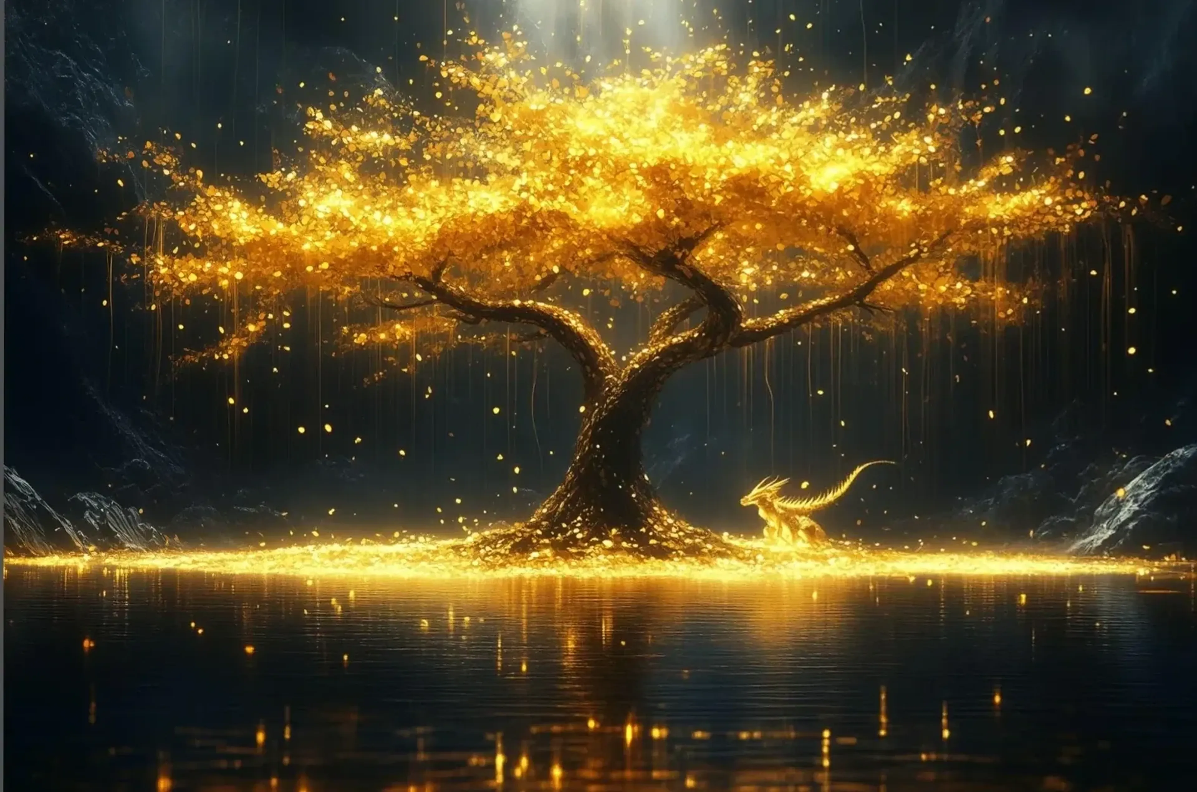 Ein kleiner goldener Drache steht neben einem leuchtenden Baum am Wasser vor dunklen Felsen.