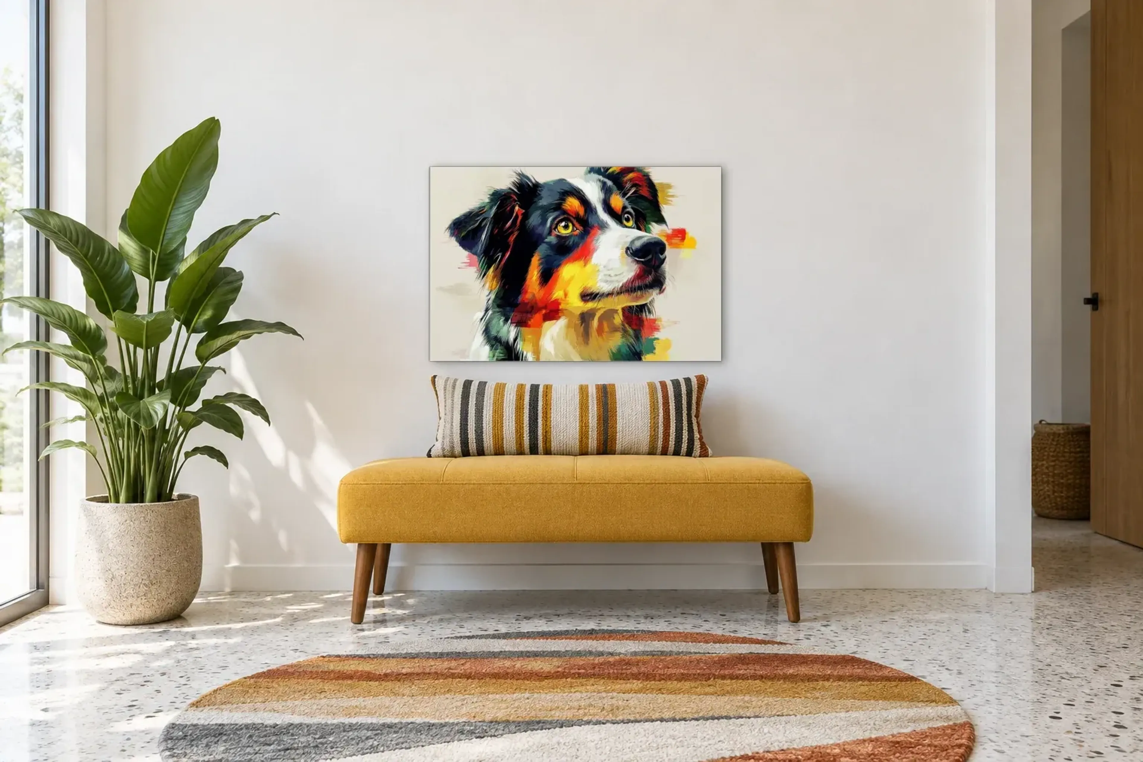 Australian Shepherd im Seitenblick als Wandbild über einer 120-cm-Bank