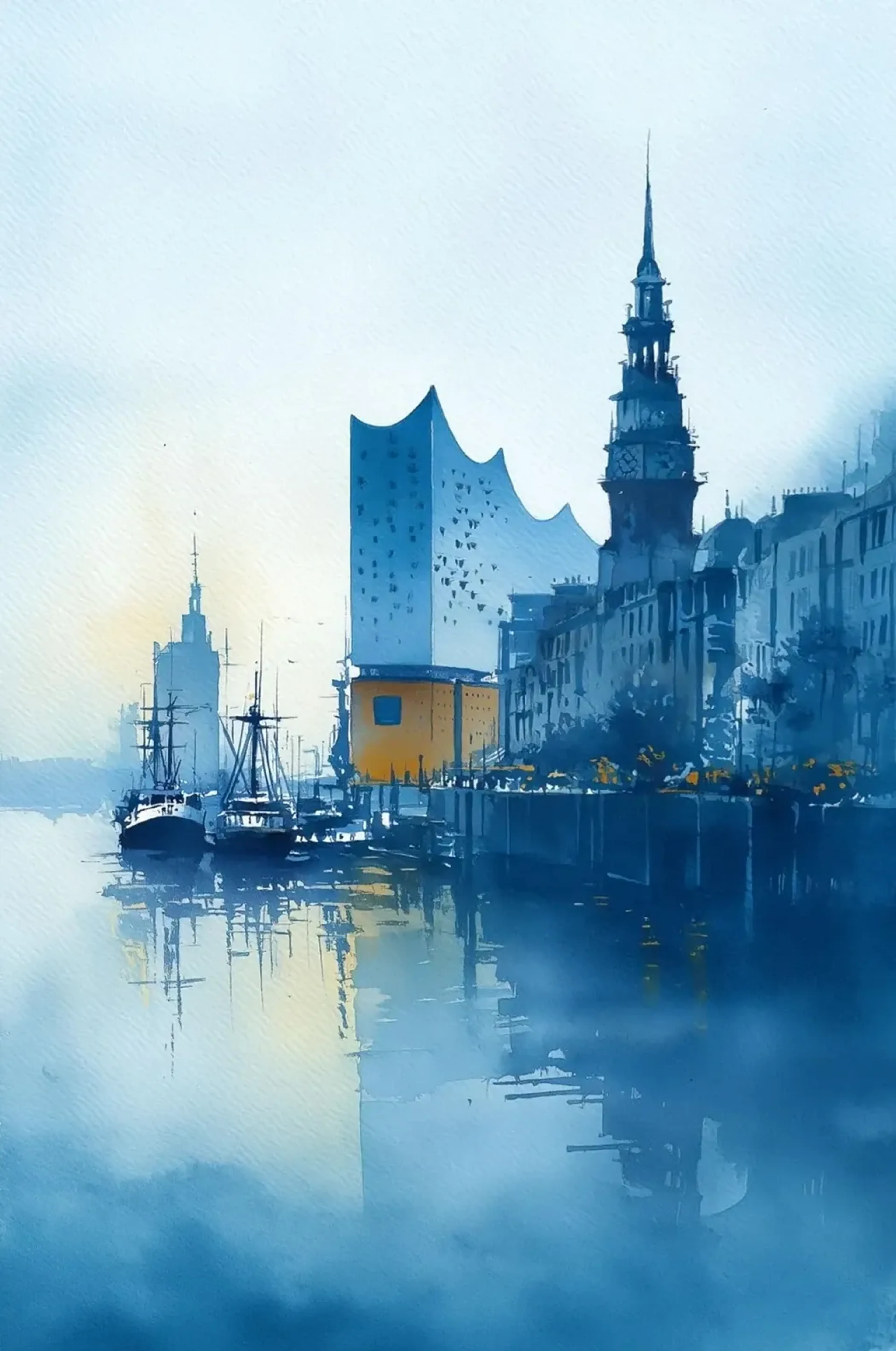 Hamburger Uferkulisse mit Segelschiffen, geschwungenem Dach und Kirchturm in hellen und dunklen Blautönen.