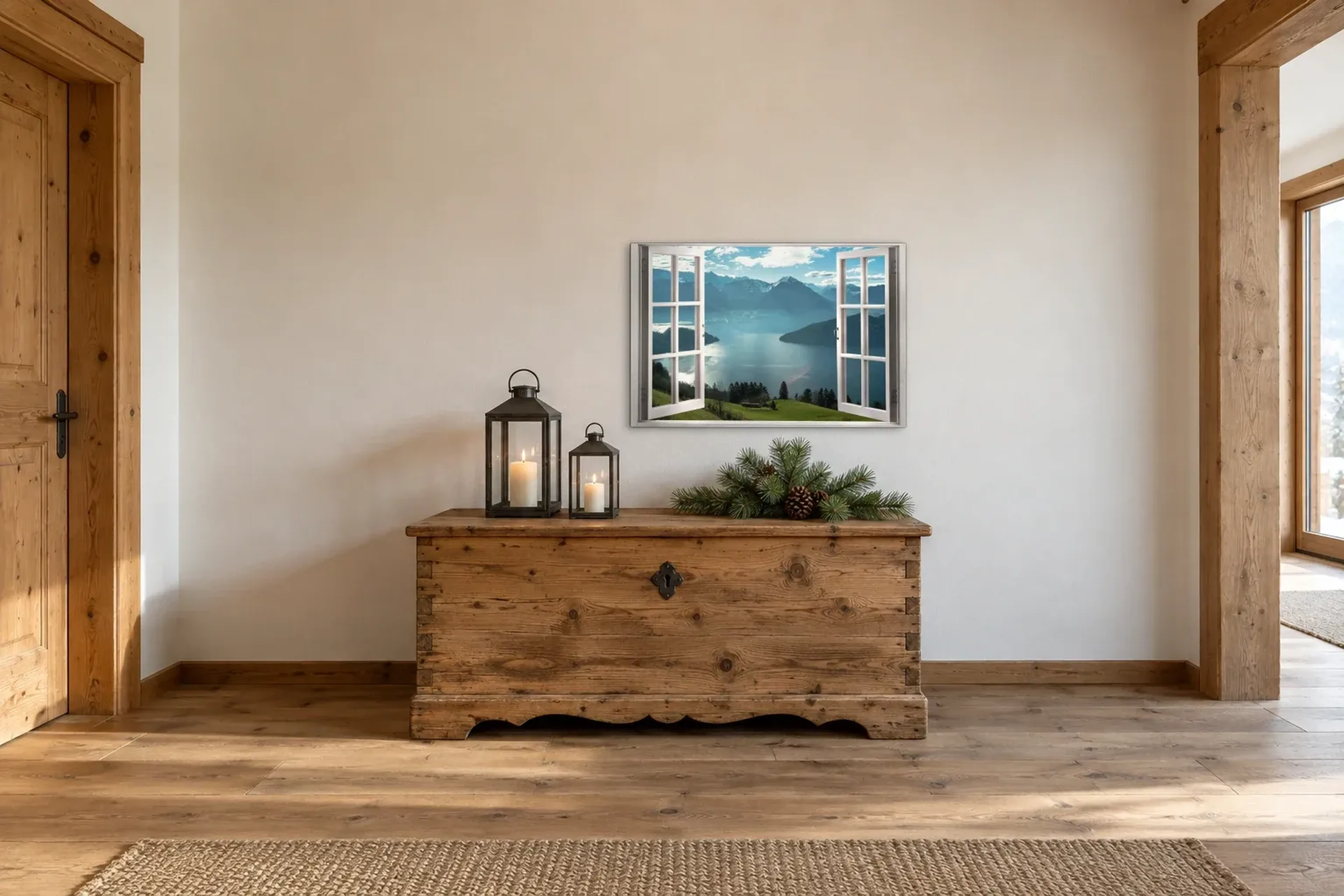 Seeblick auf die Berge als Wandbild über einer 140-cm-Truhe