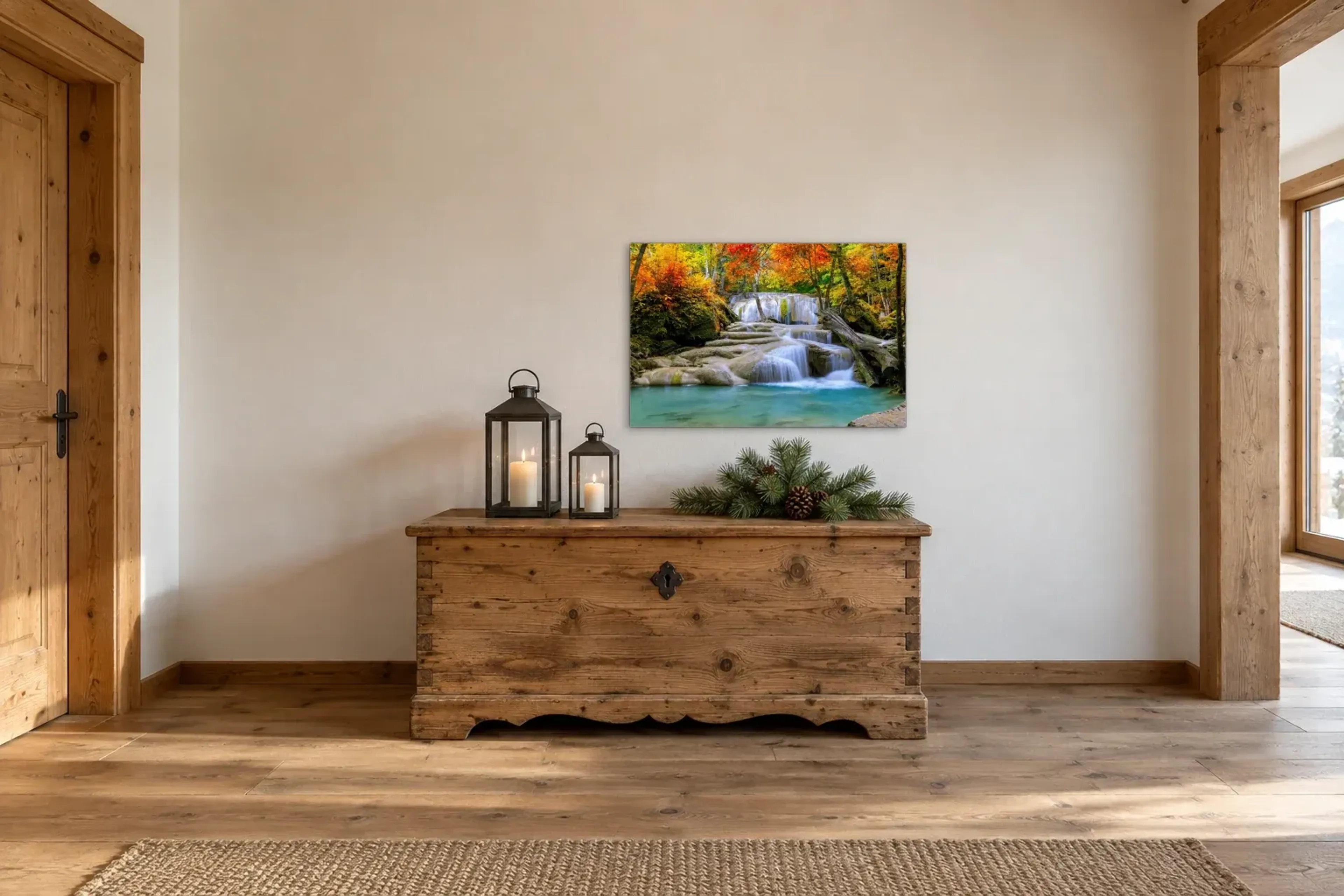 Wasserfall im Herbstwald als Wandbild über einer 140-cm-Truhe