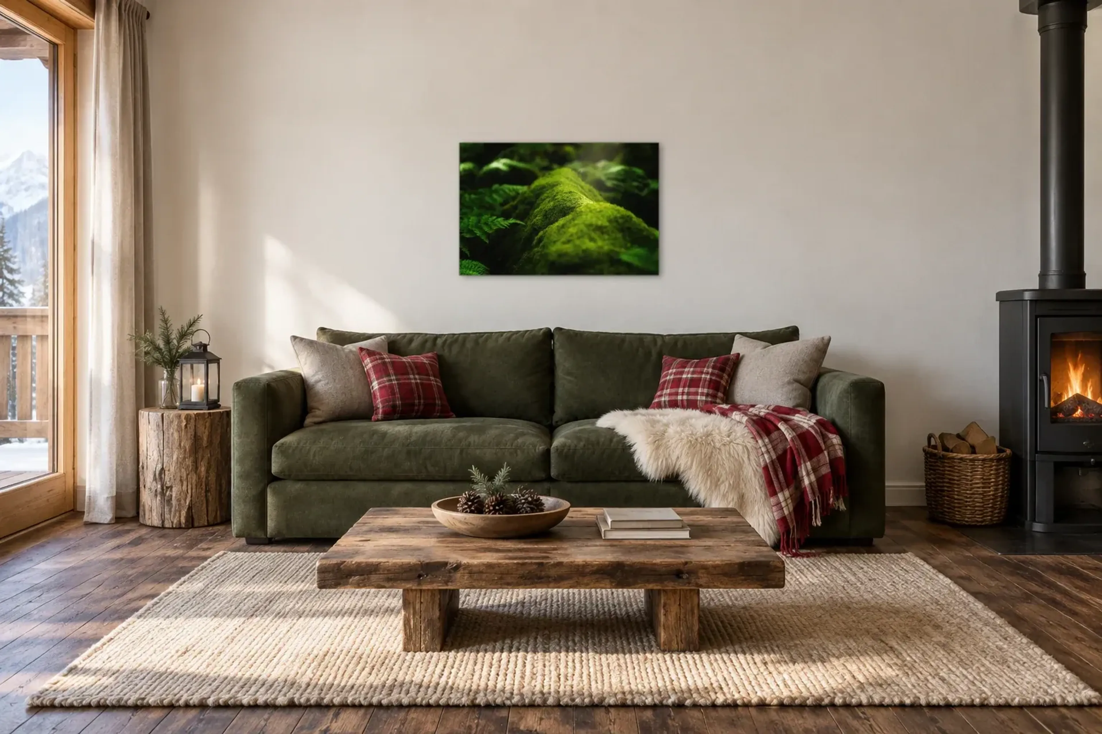Moos im Waldlicht als Wandbild über einem 220-cm-Sofa