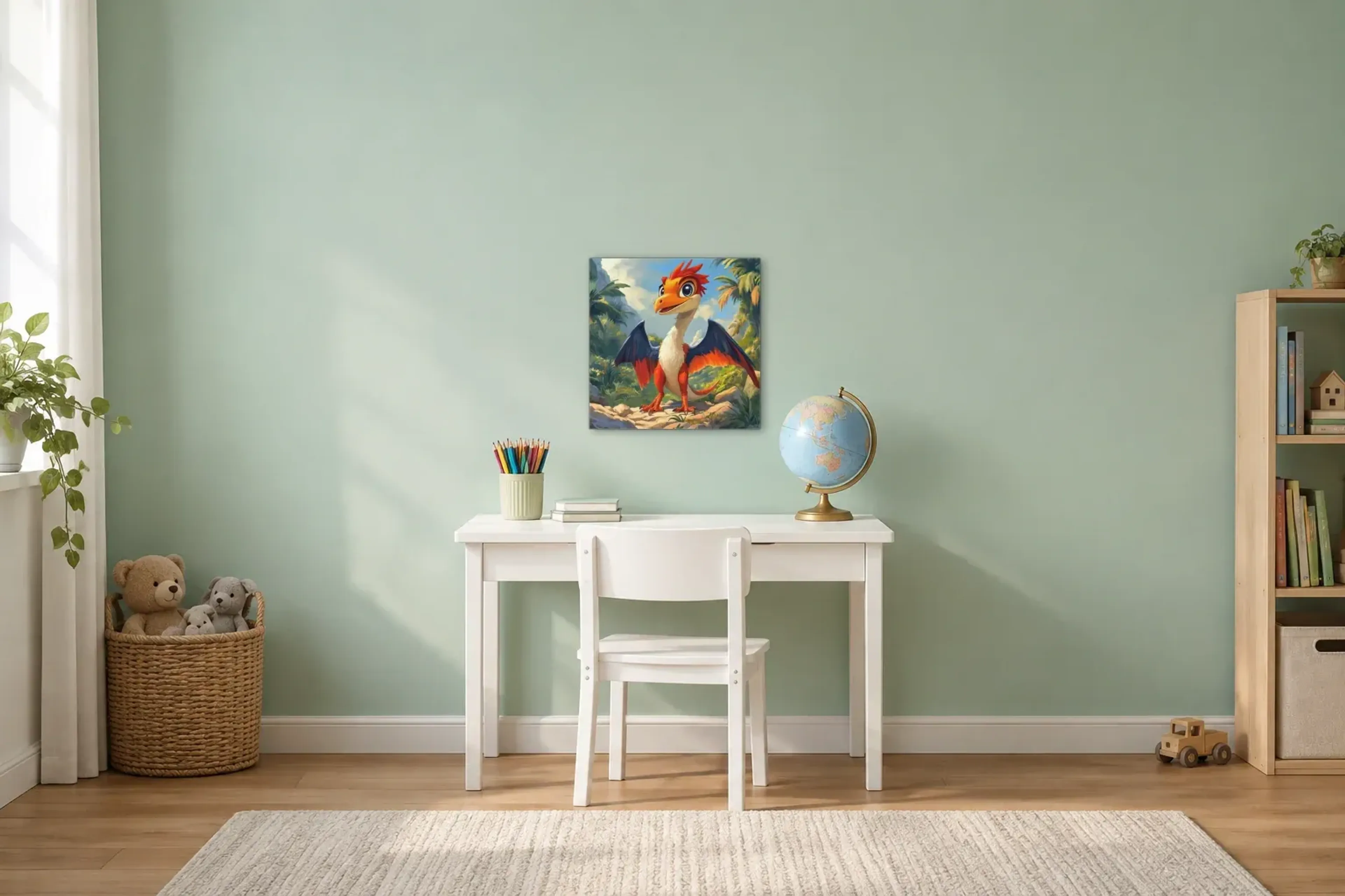 Flügeldino mit rotem Schopf als Wandbild über einem 110-cm-Kinderschreibtisch