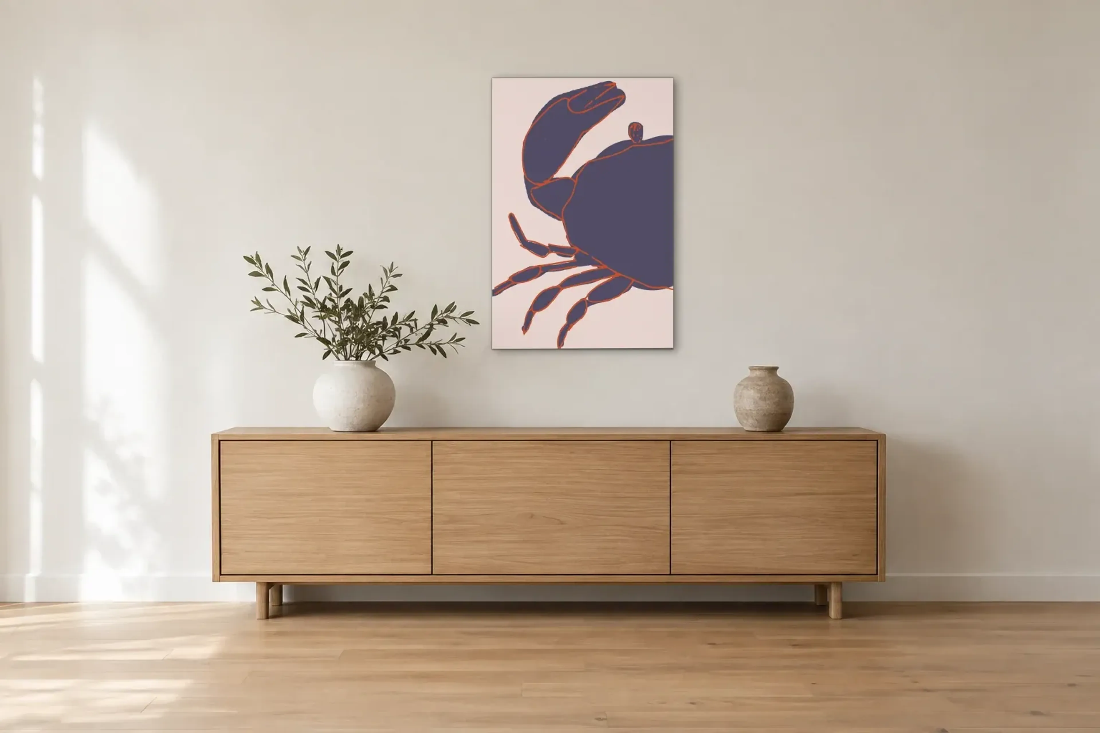 Krabbe blau als Wandbild über einem 180-cm-Sideboard