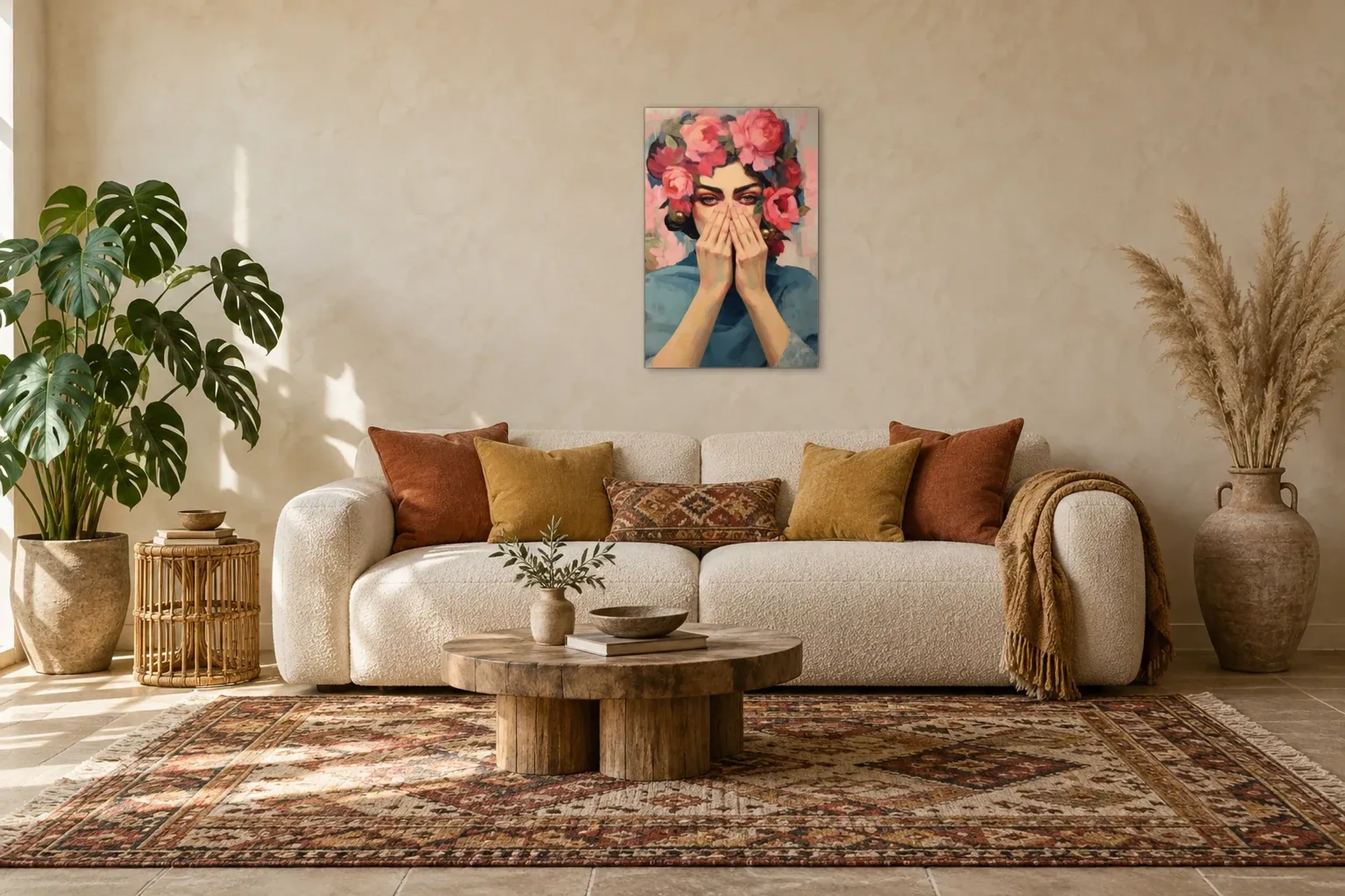Blick unter rosa Blüten als Wandbild über einem 220-cm-Sofa