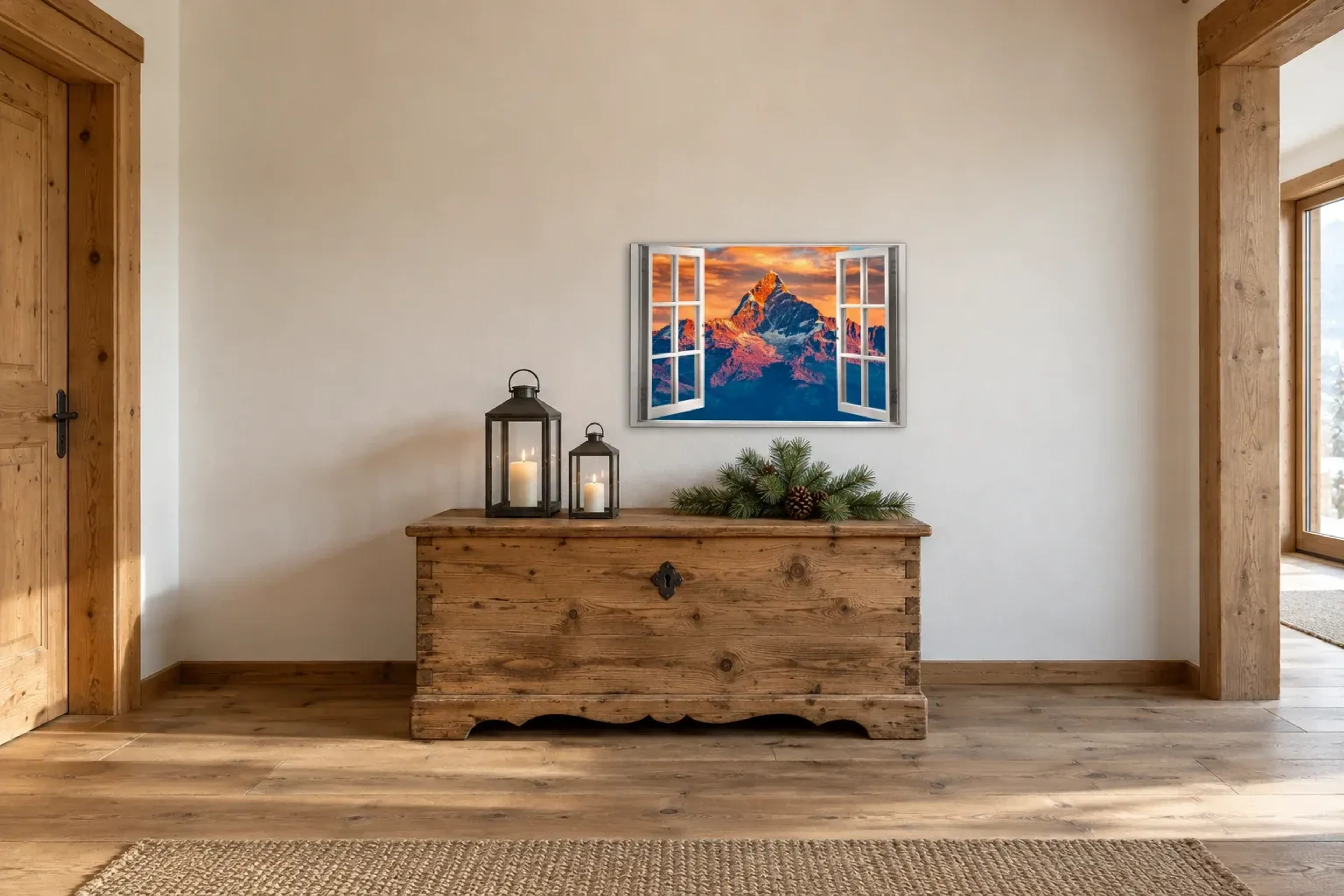 Gipfel im Abendlicht als Wandbild über einer 140-cm-Truhe