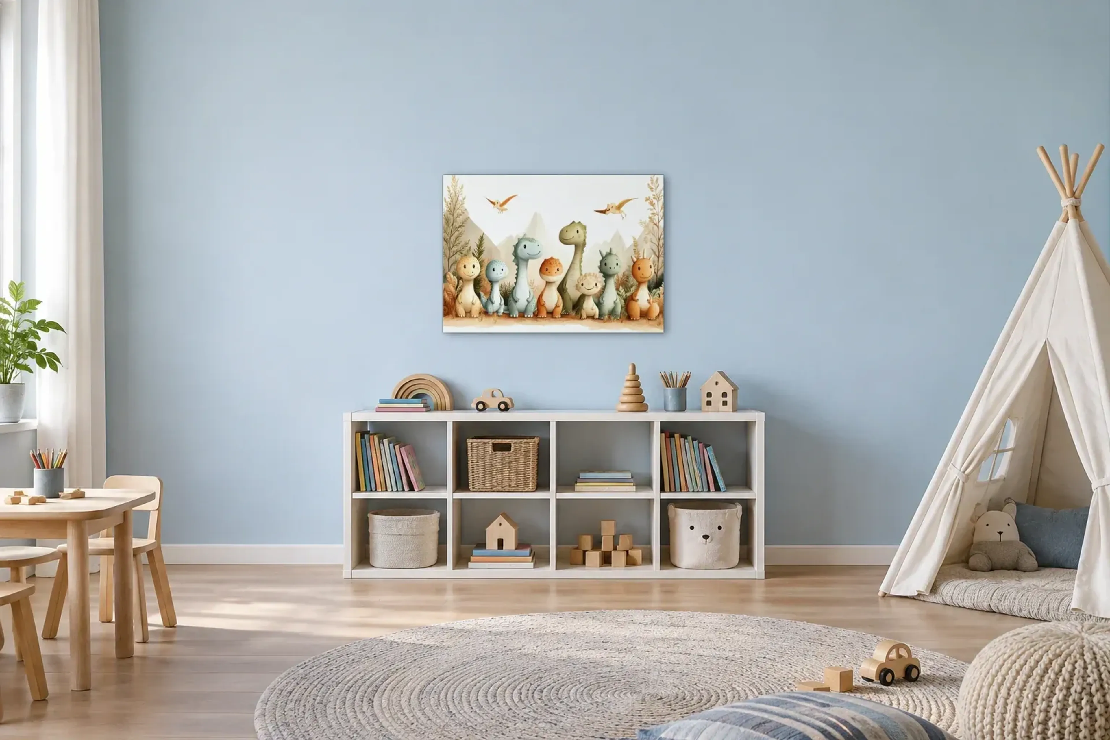Kleine Dino-Runde als Wandbild über einem 120-cm-Spielregal