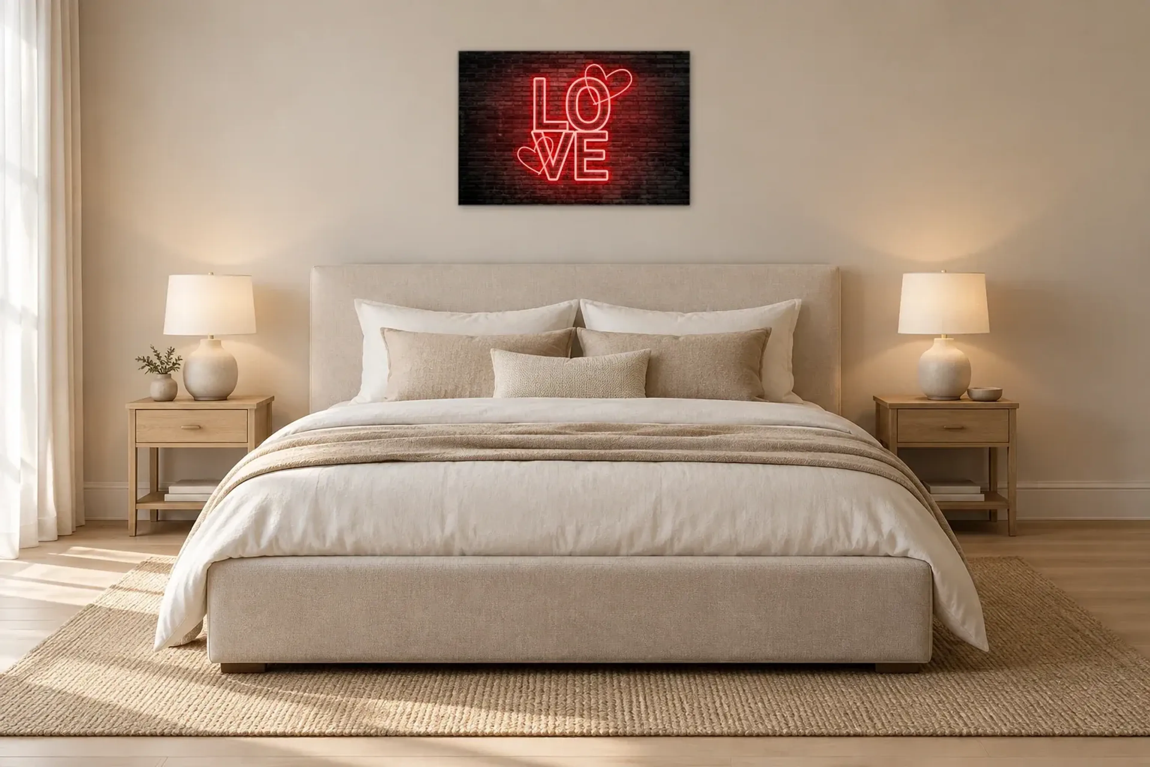 Love Neon als Wandbild über einem 180-cm-Bett