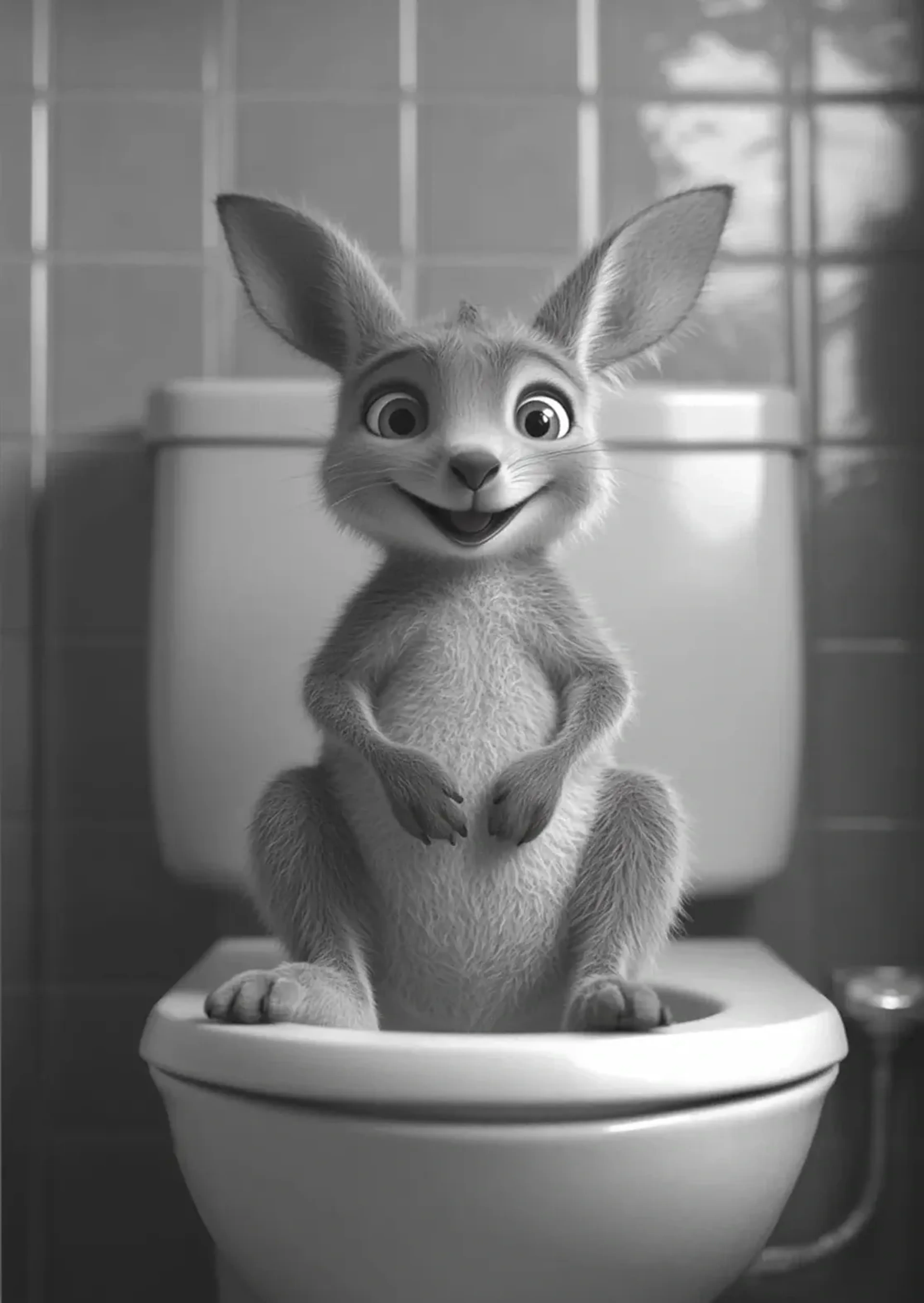 Ein lächelndes Känguru mit langen Ohren sitzt auf einer Toilette und hält die Vorderpfoten vor dem Bauch.