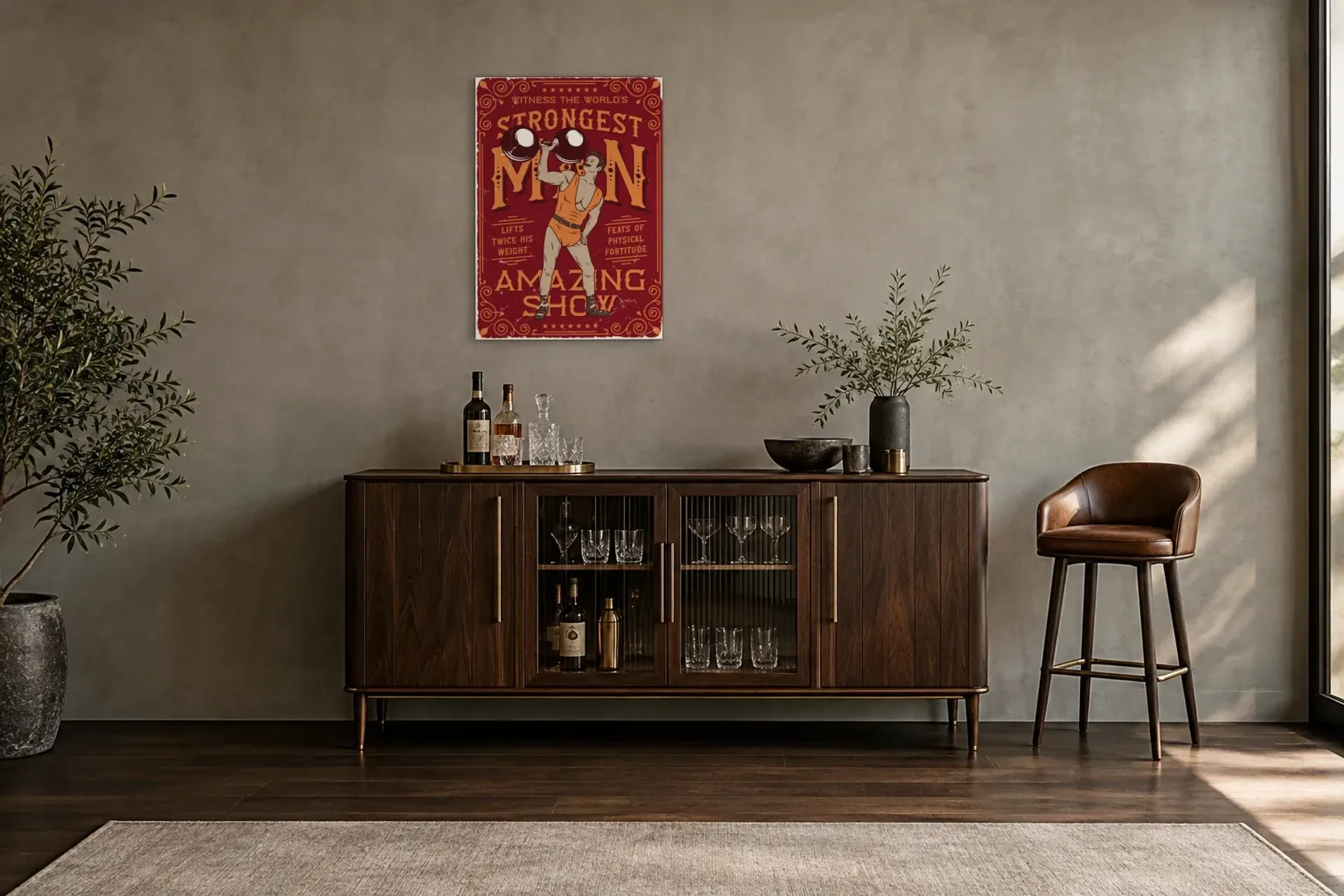 Strongest Man Show als Wandbild über einem 150-cm-Barschrank