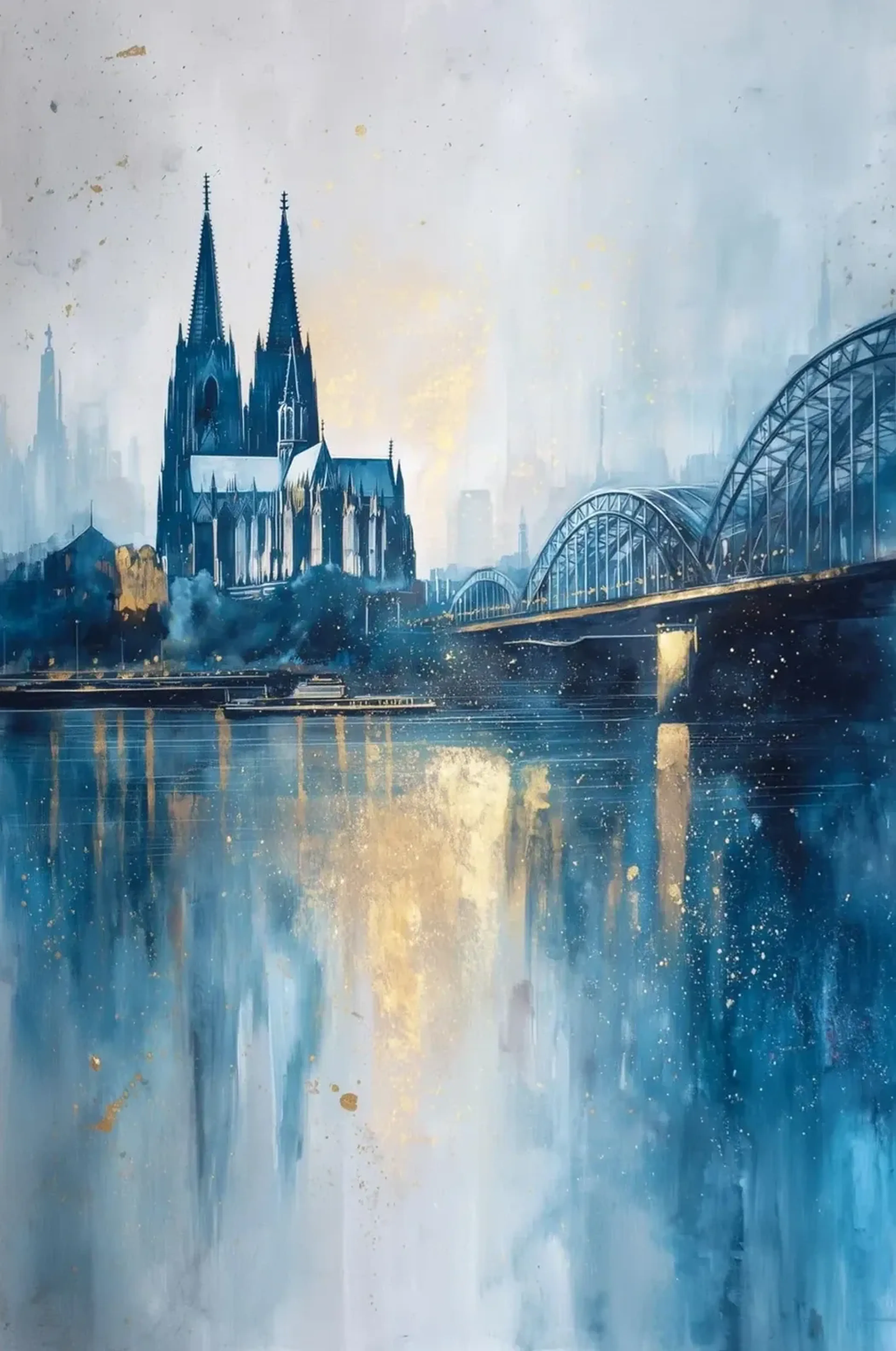 Dunkelblauer Kölner Dom neben einer Bogenbrücke, mit hellblauen und goldfarbenen Spiegelungen im Rhein.