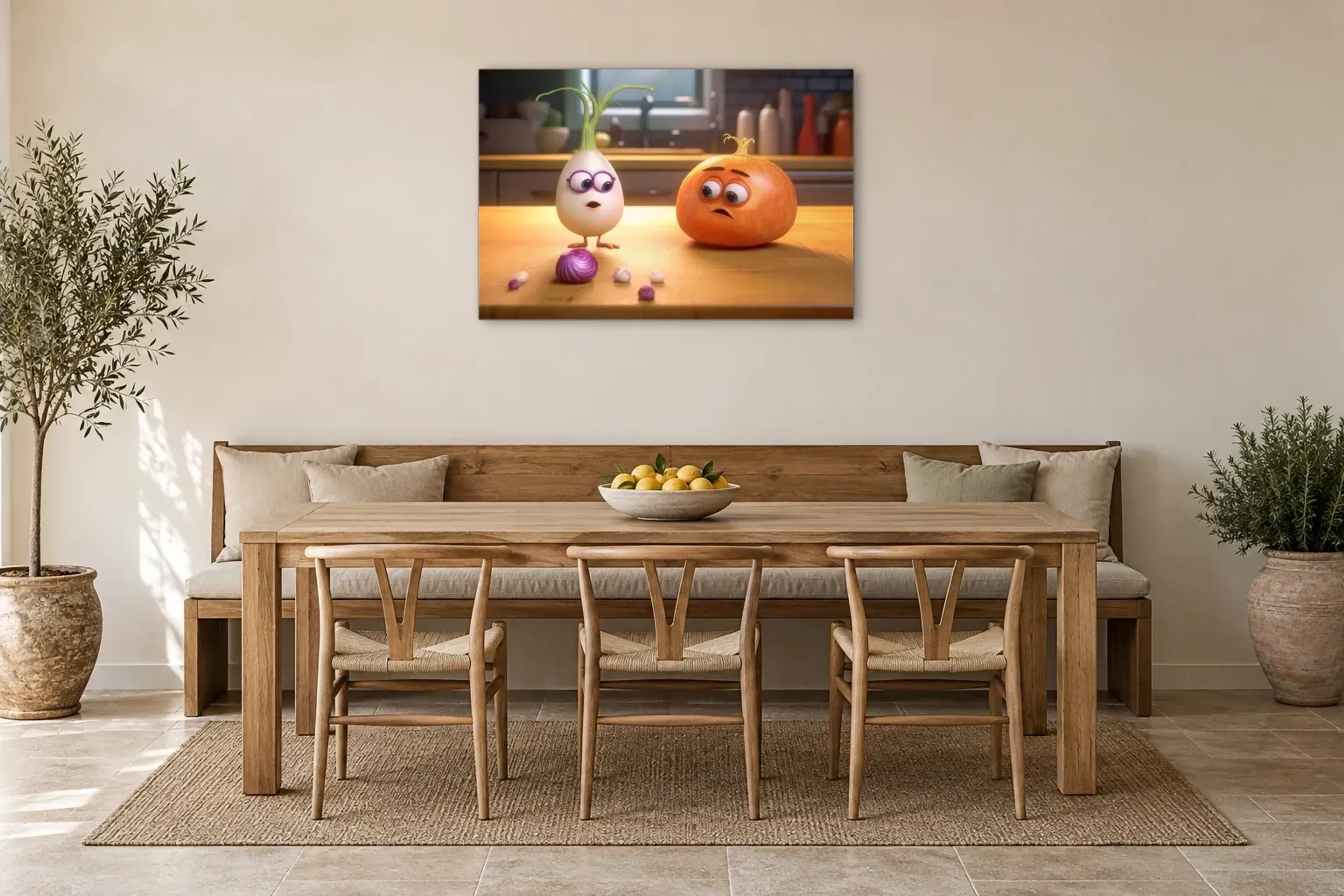 Verblüfftes Zwiebelduo als Wandbild über einer 200-cm-Sitzbank