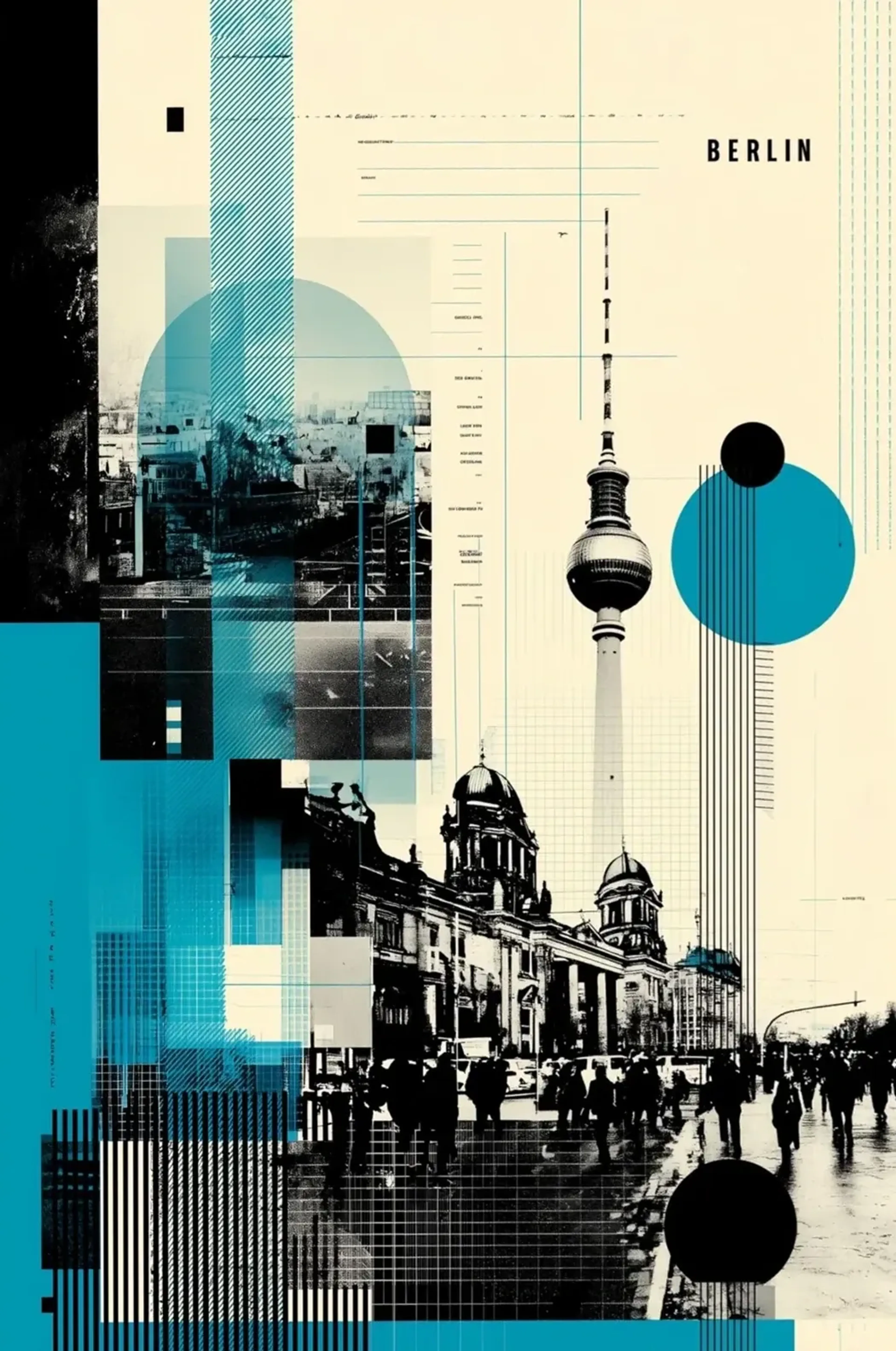 Grafische Berlin-Collage mit Fernsehturm, Straßenszene, Kreisen und Linien in Türkis, Schwarz und Creme.