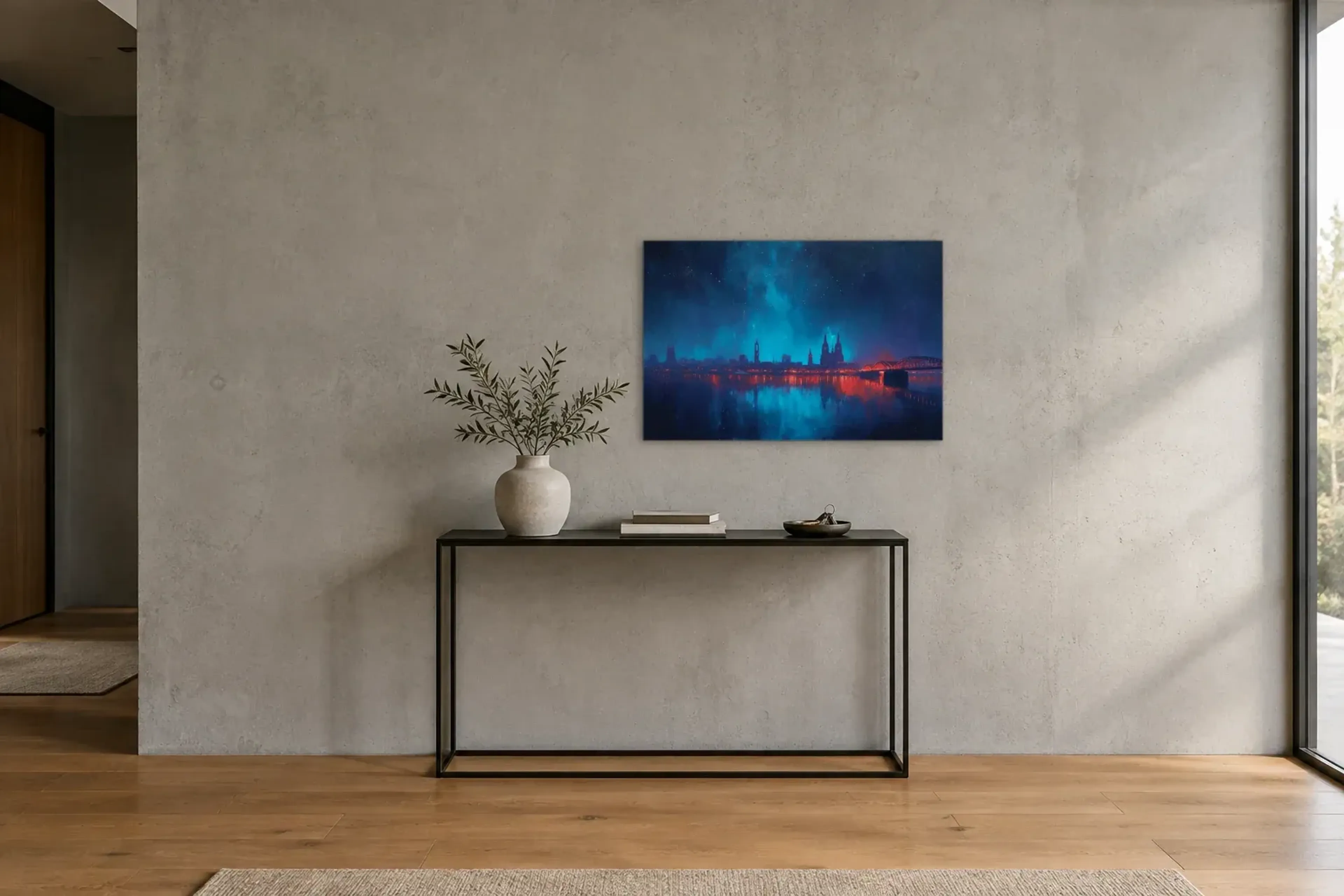 Köln zwischen Blau und Rot als Wandbild über einer 120-cm-Konsole