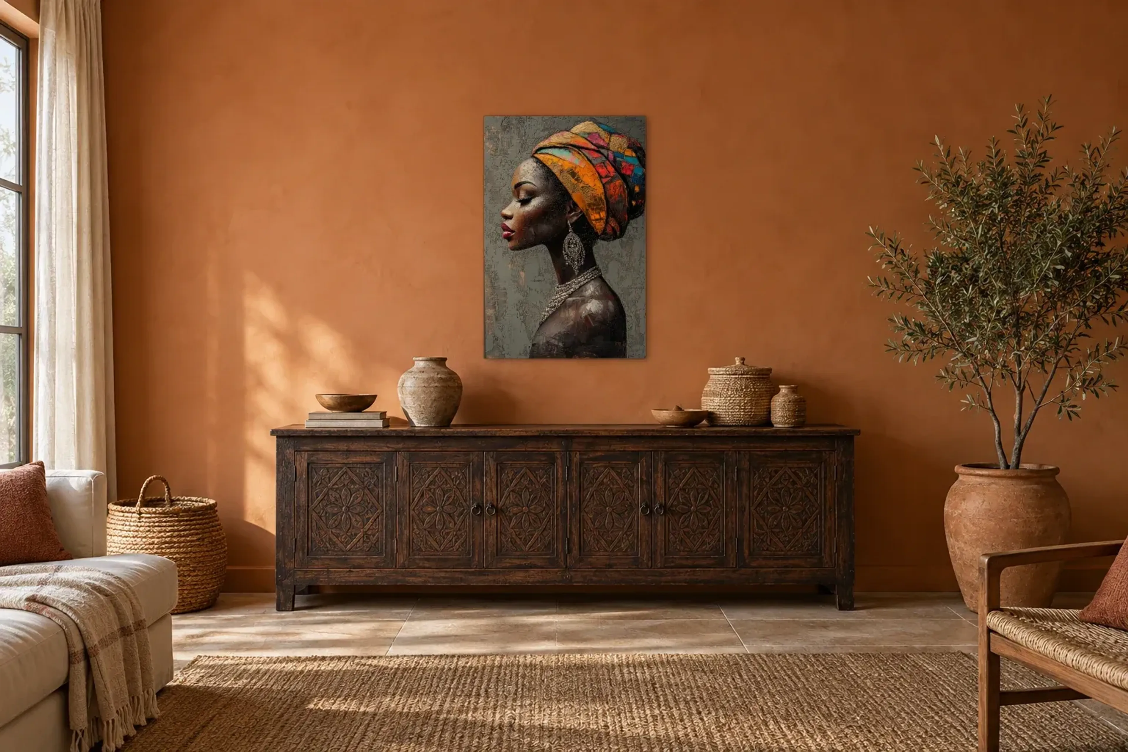 Profil mit buntem Kopftuch als Wandbild über einem 180-cm-Sideboard