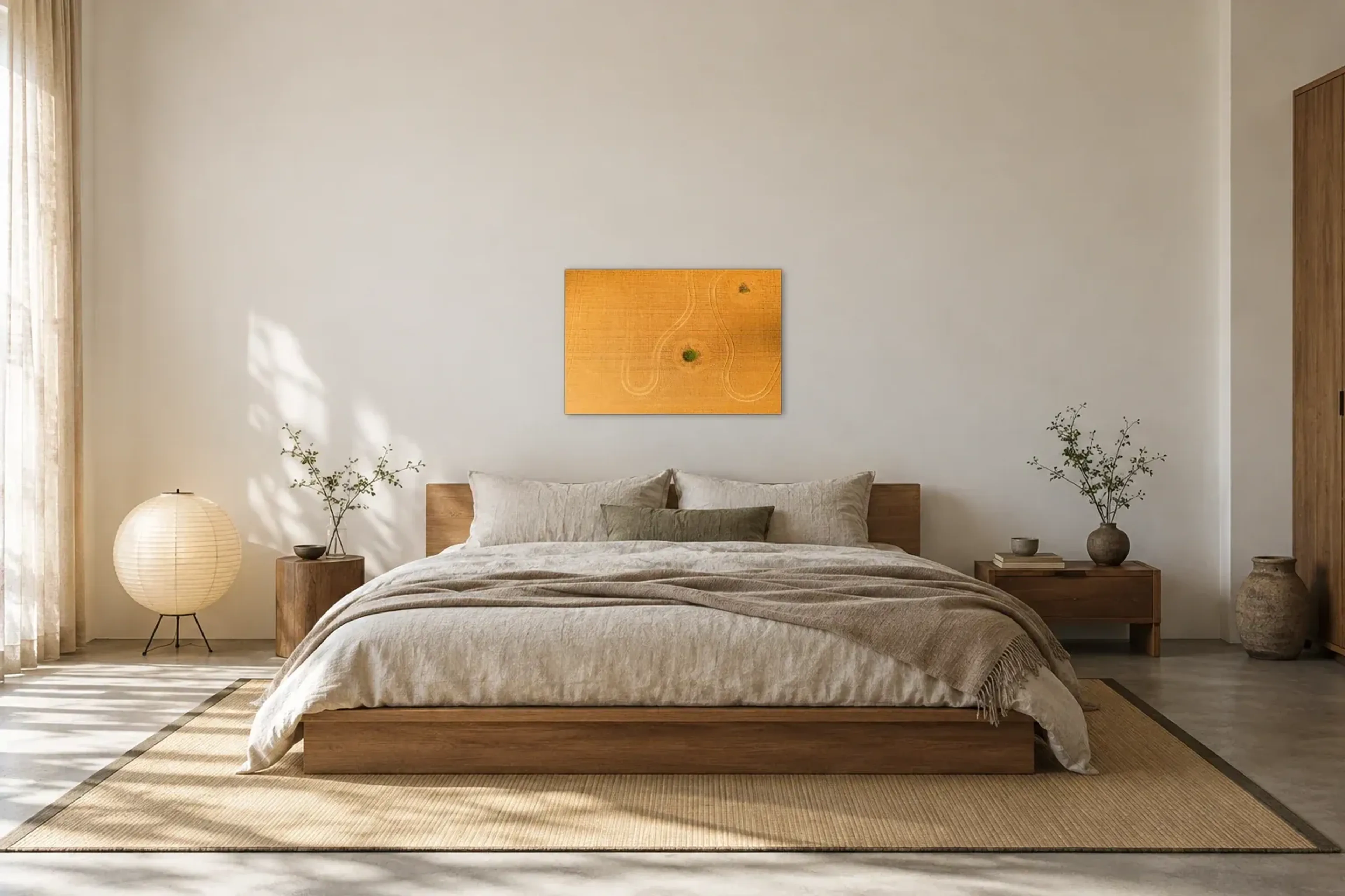 Weizenfeld von oben als Wandbild über einem 180-cm-Bett