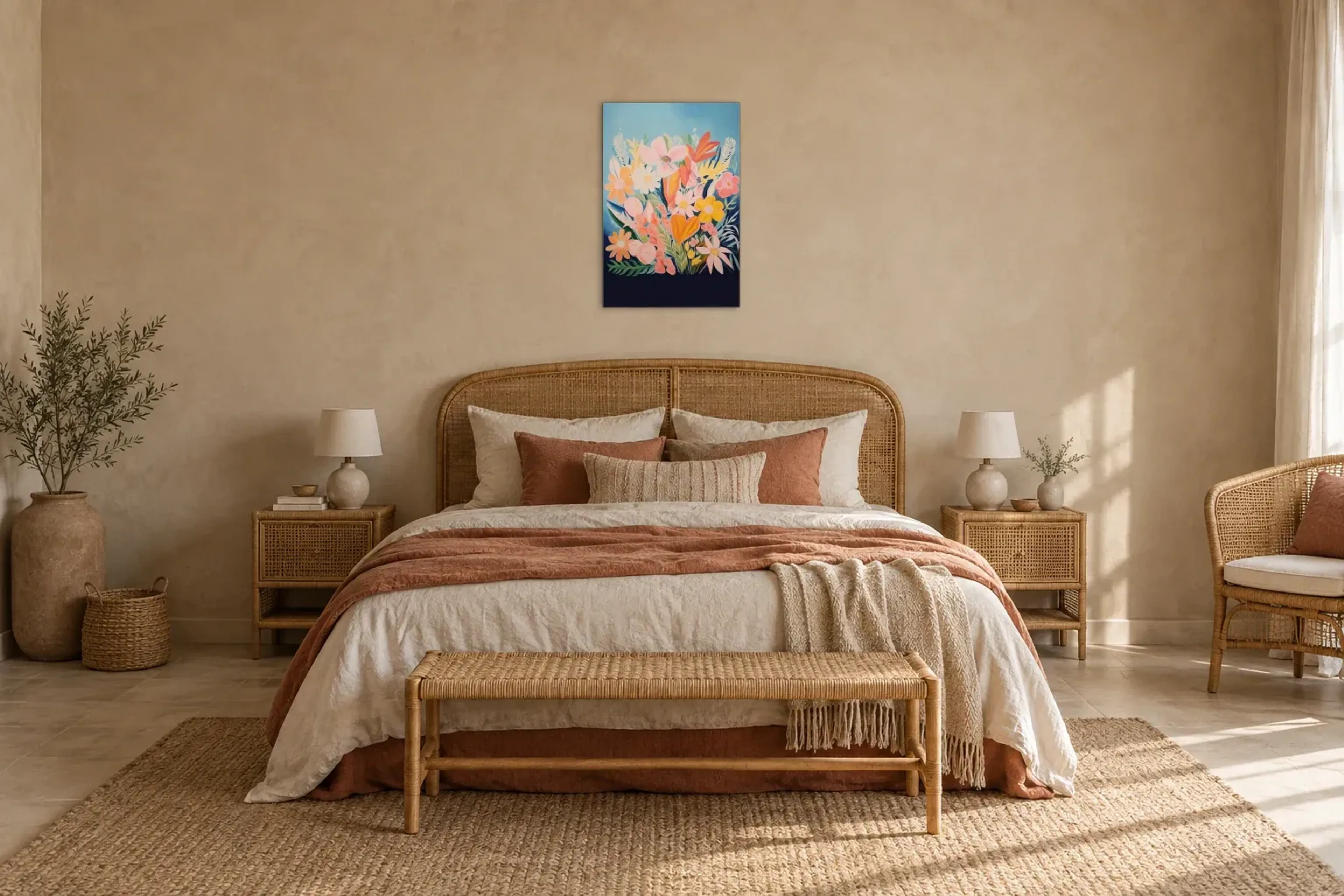 Bunte Blüten auf Blau als Wandbild über einem 180-cm-Bett