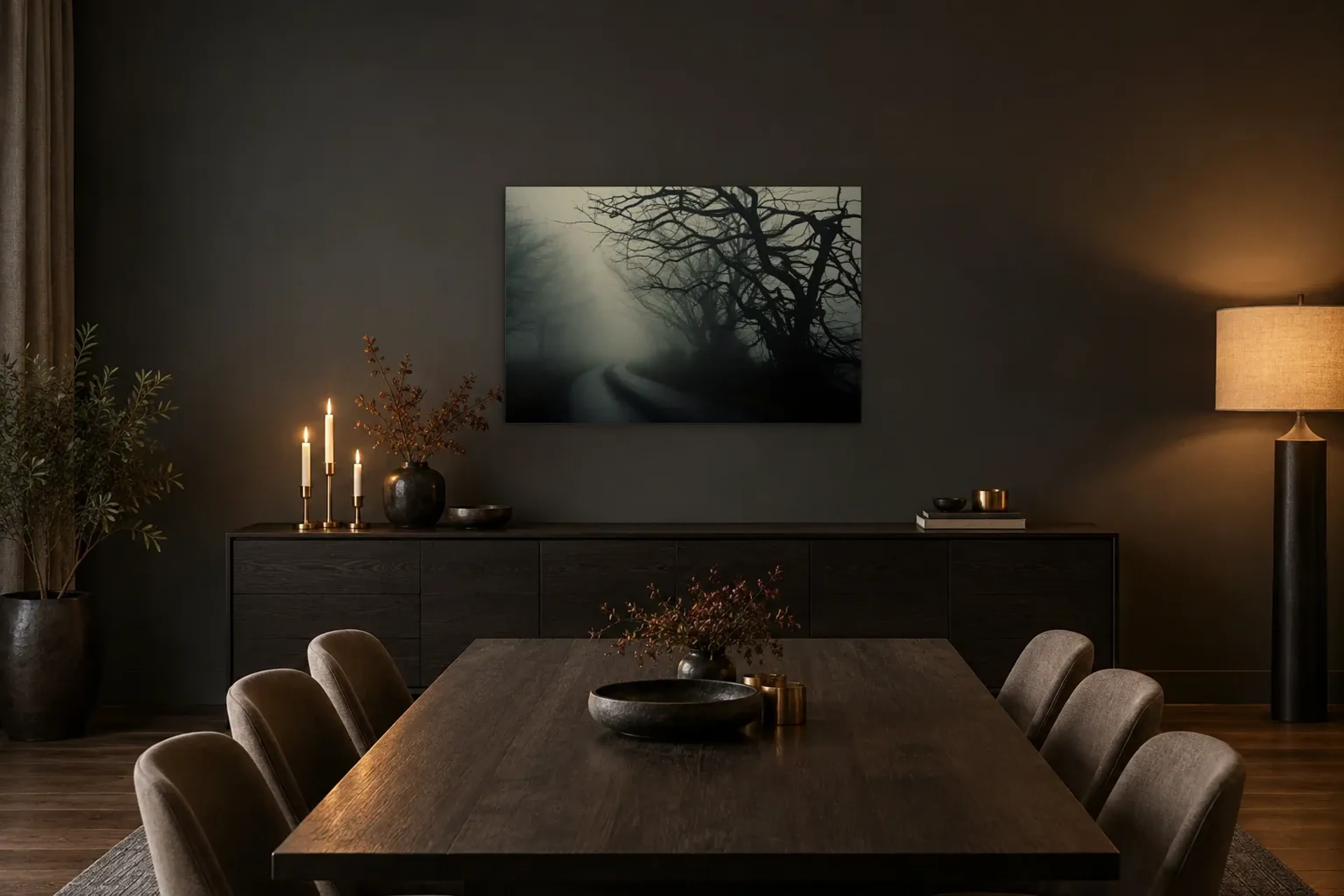 Straße im Nebel als Wandbild über einem 180-cm-Sideboard