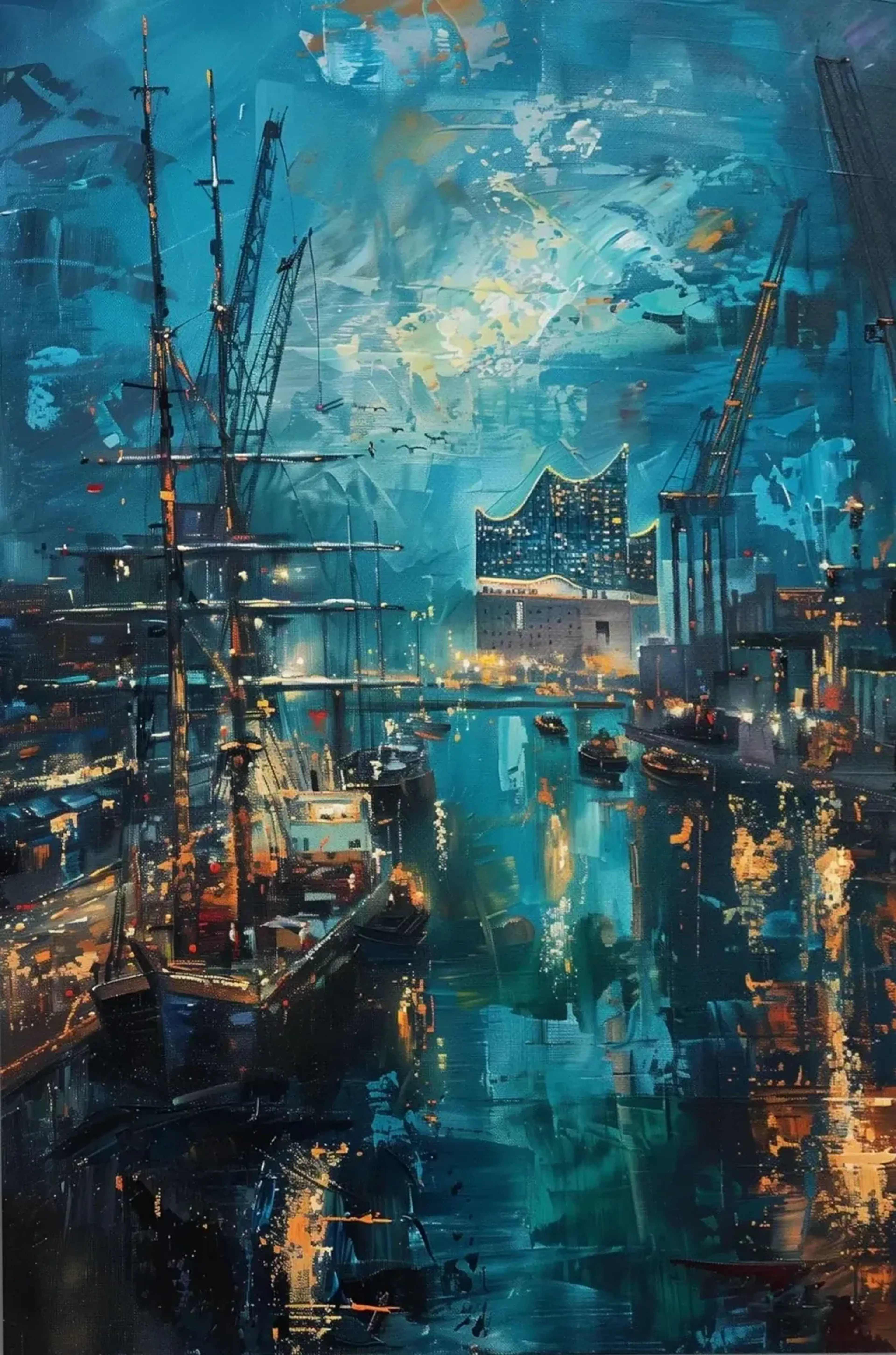 Elbphilharmonie zwischen Schiffsmasten und Kränen über türkisfarbenem Hafenwasser mit goldenen Lichtreflexen.