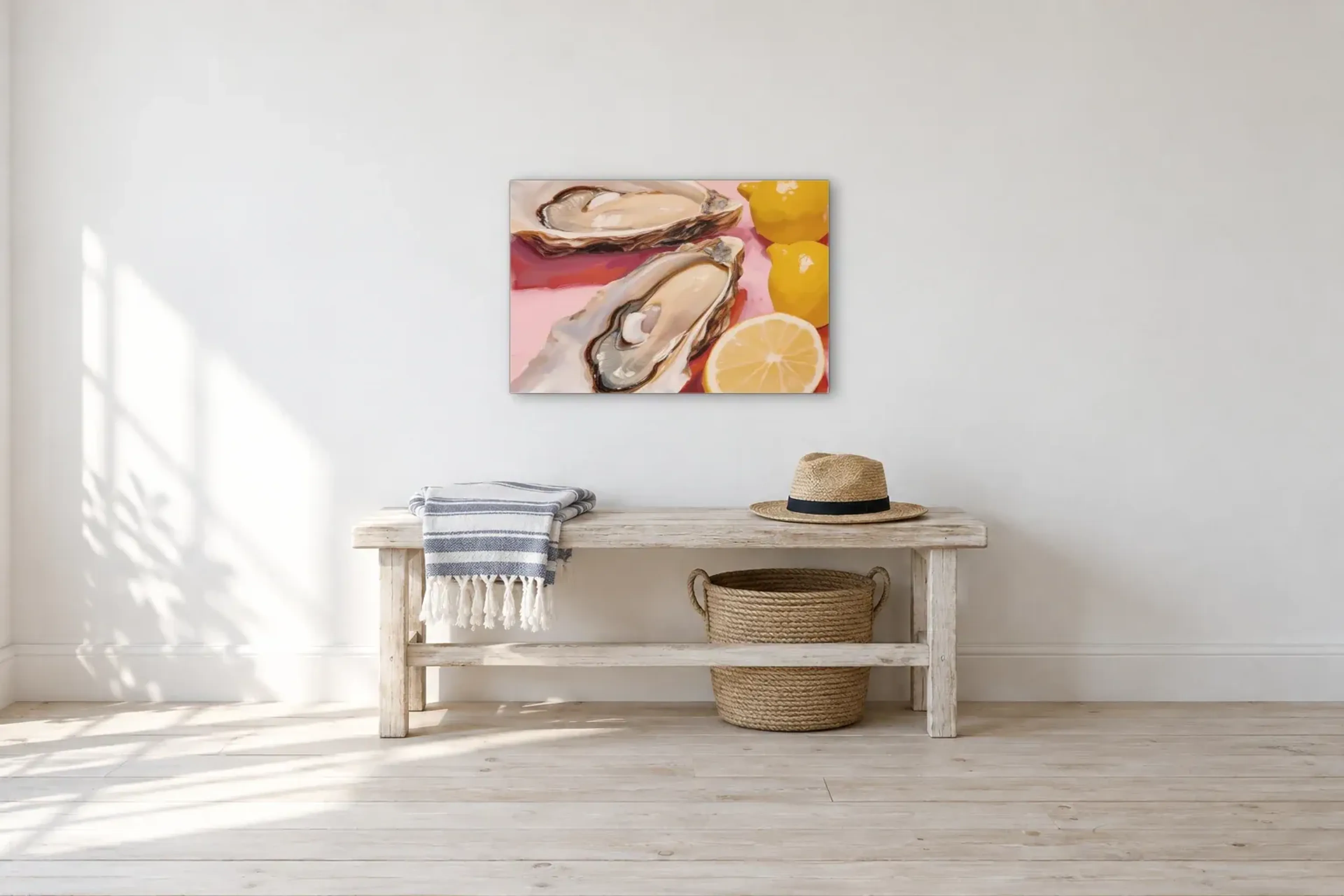 Oyster Party als Wandbild über einer 100-cm-Bank