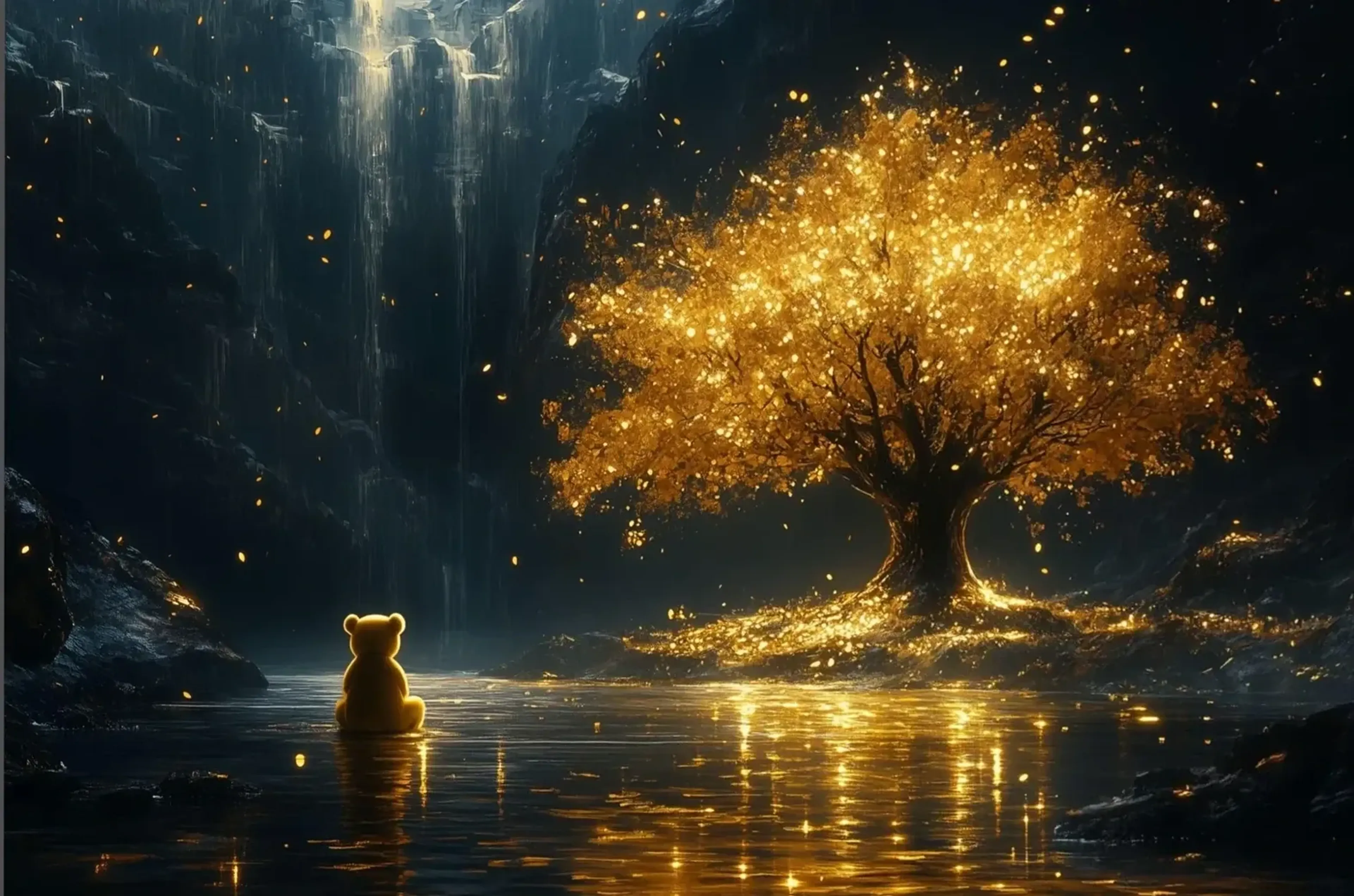 Ein kleiner goldgelber Bär sitzt im Wasser vor einem goldleuchtenden Baum zwischen dunklen Felswänden.