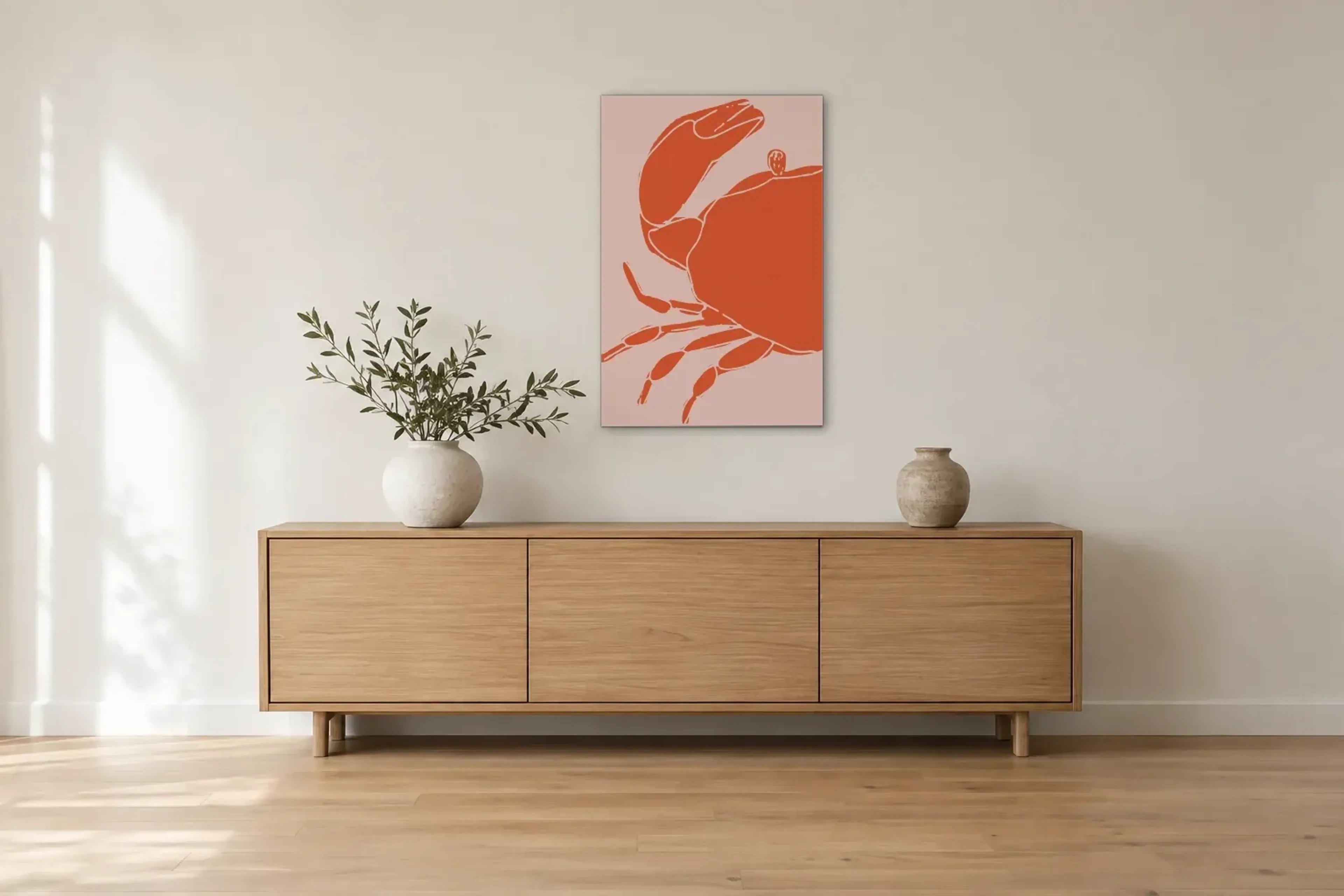 Krabbe rot als Wandbild über einem 180-cm-Sideboard