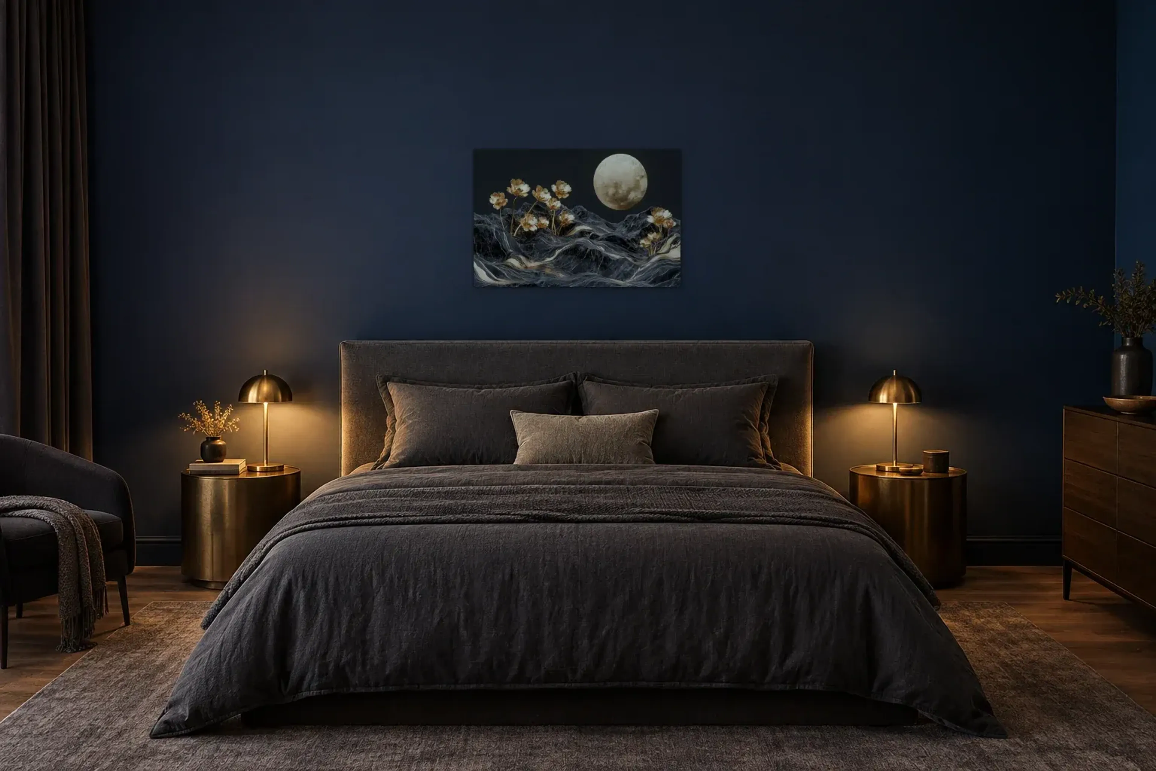 Blüten im Mondlicht als Wandbild über einem 180-cm-Bett