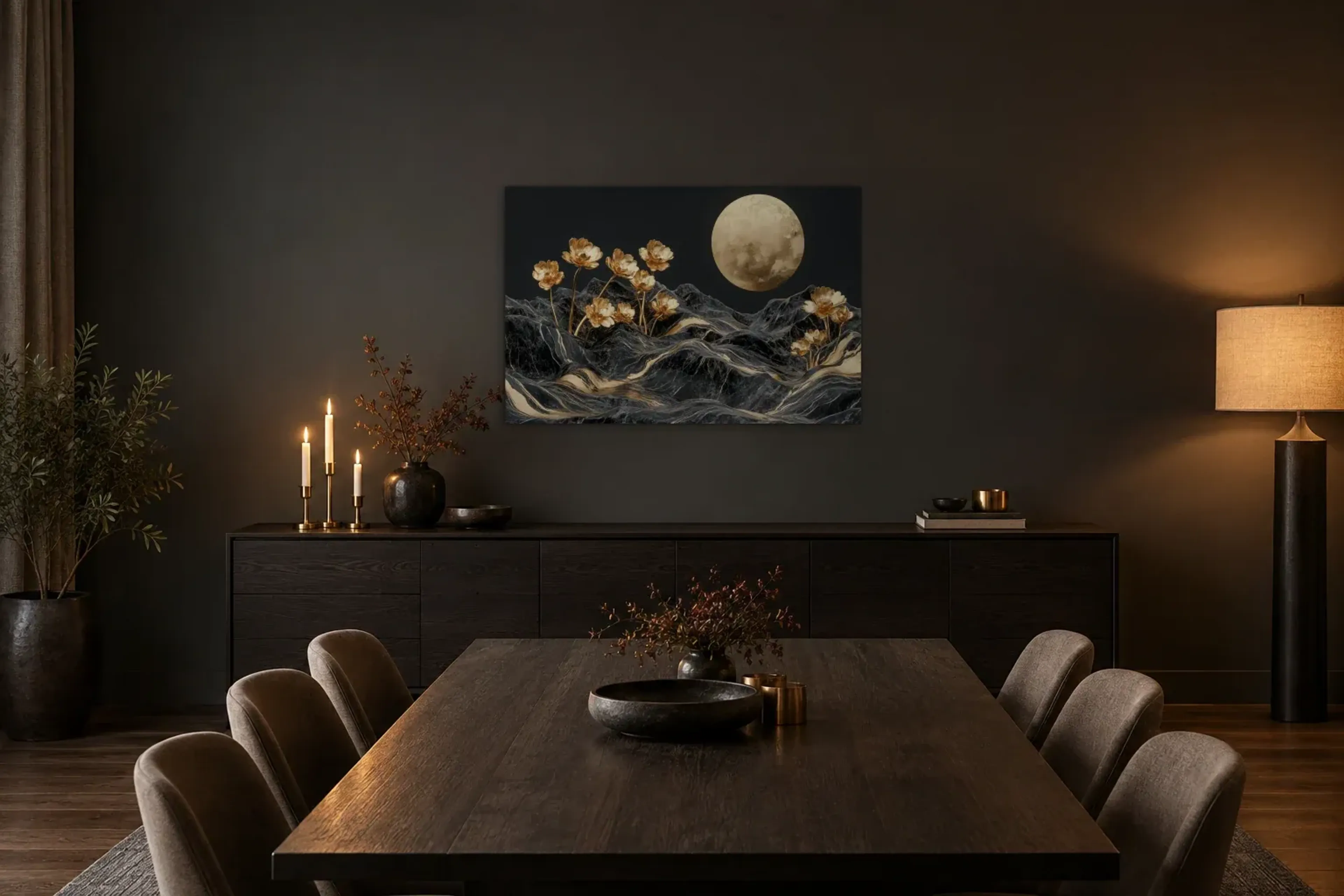 Blüten im Mondlicht als Wandbild über einem 180-cm-Sideboard