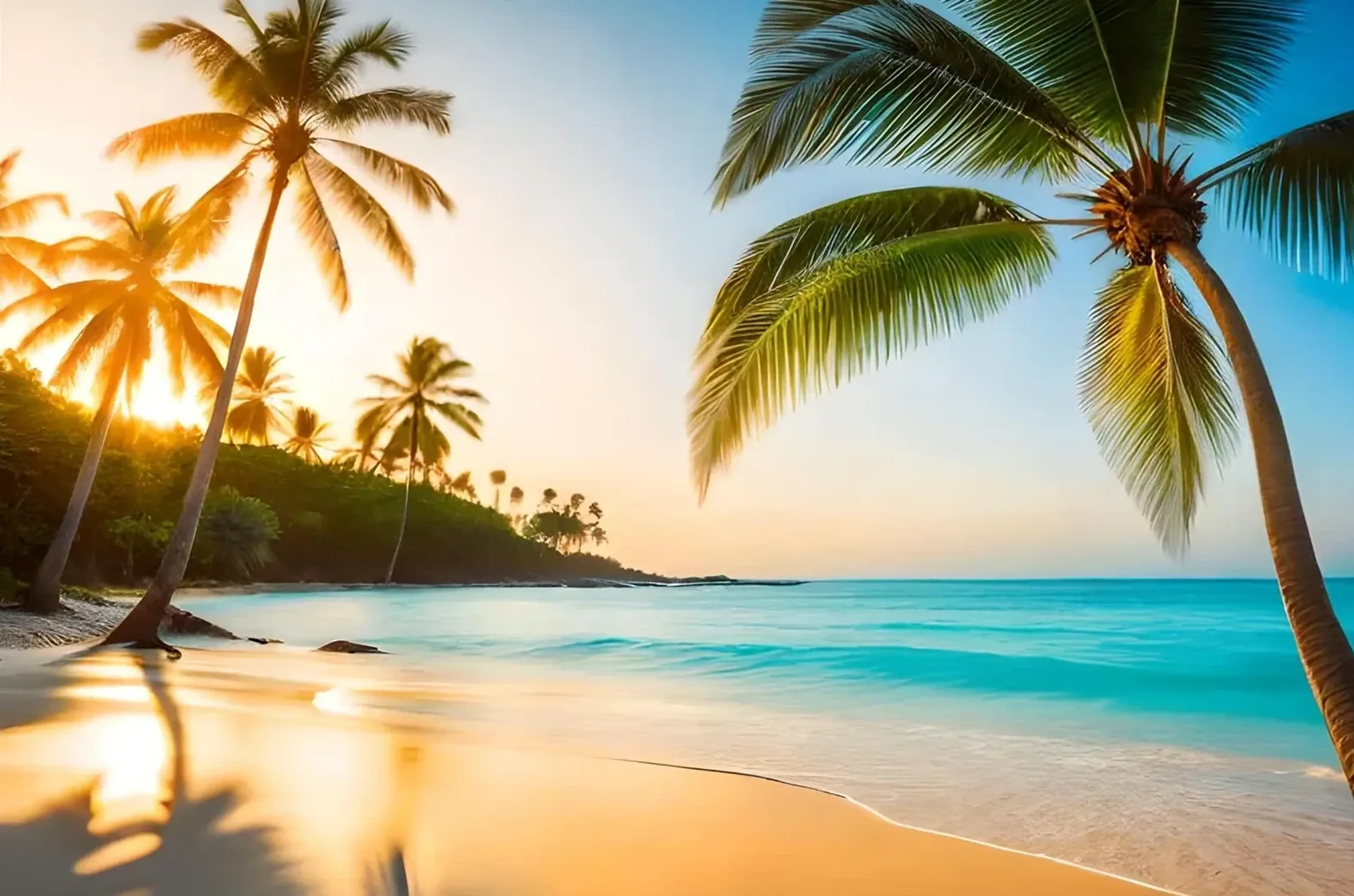 Palmen an einem hellen Strand mit türkisfarbenem Meer, goldenem Sonnenlicht und langen Schatten.