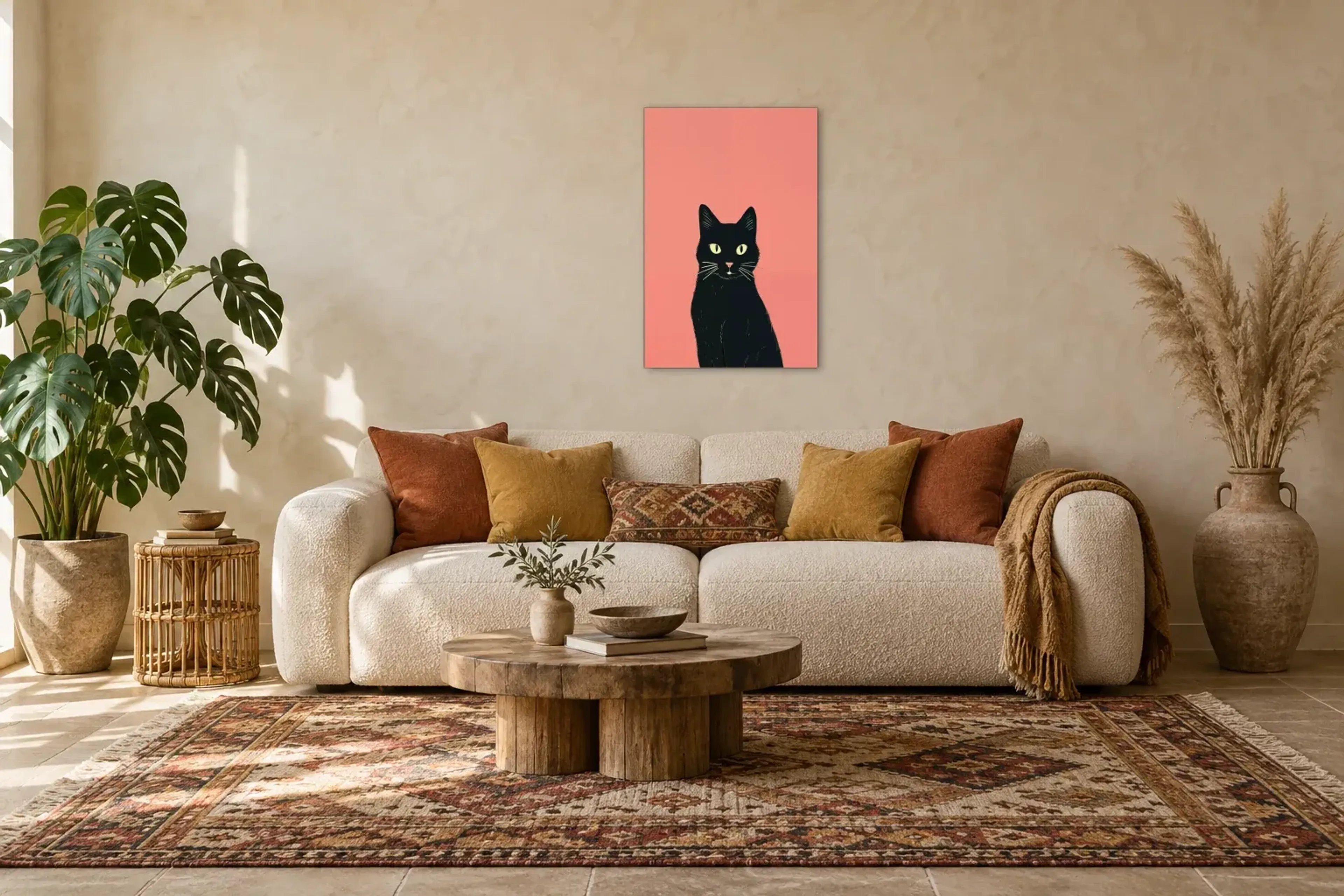 Schwarze Katze auf Rosa als Wandbild über einem 220-cm-Sofa