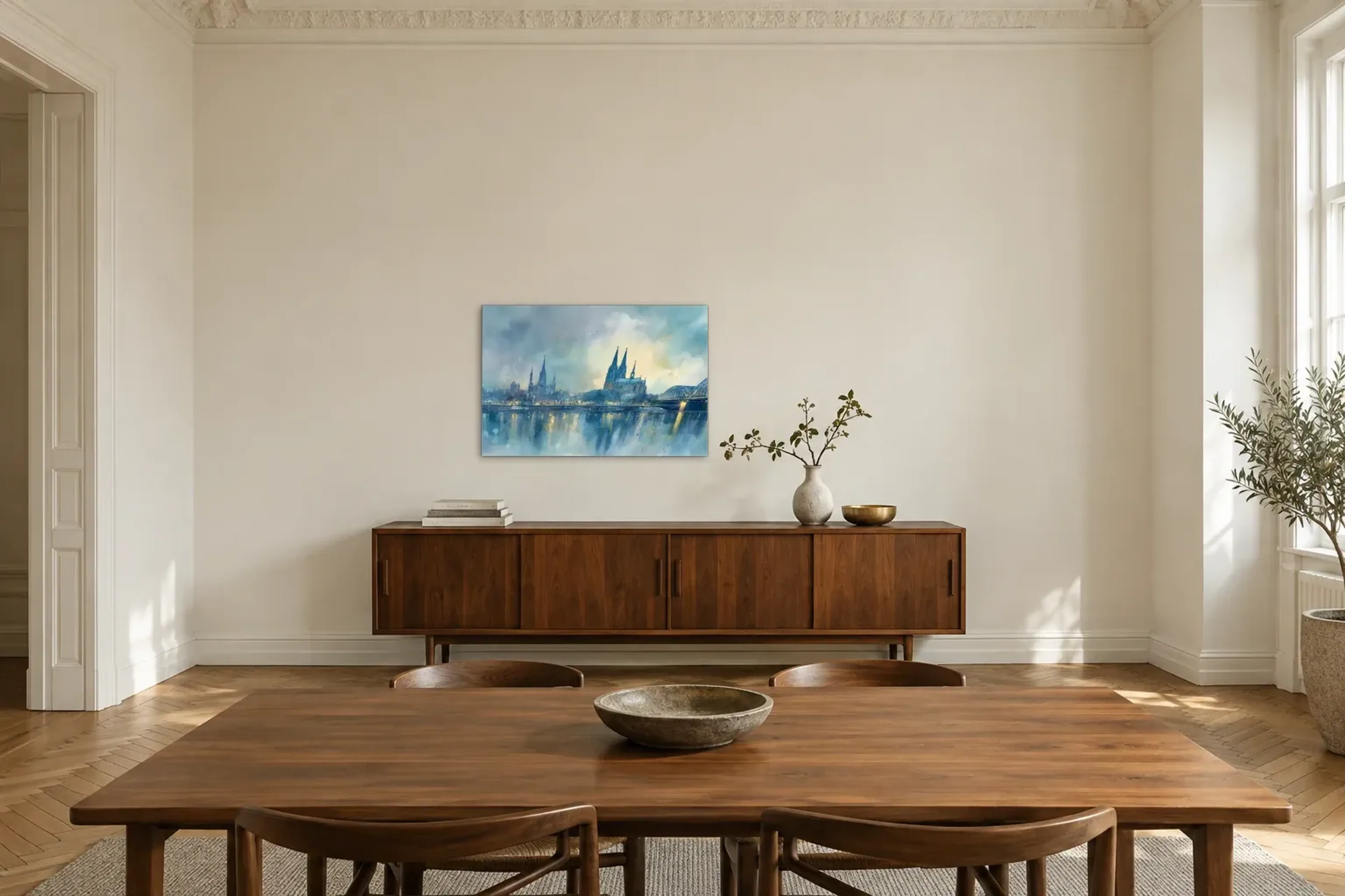 Köln im goldenen Schimmer als Wandbild über einem 200-cm-Sideboard