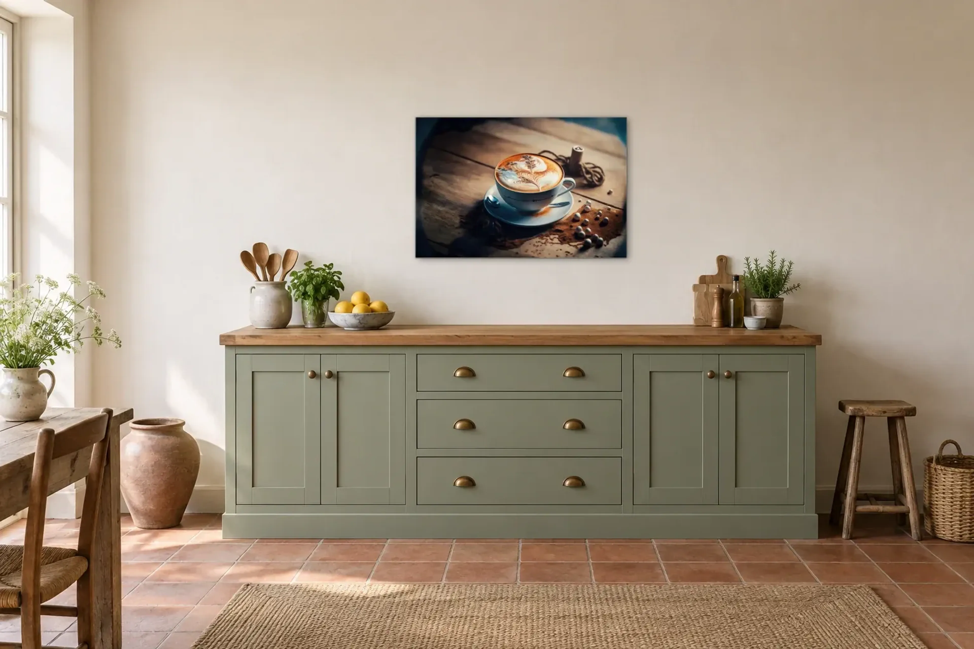 Kaffee mit Blattmuster als Wandbild über einer 200-cm-Arbeitsplatte