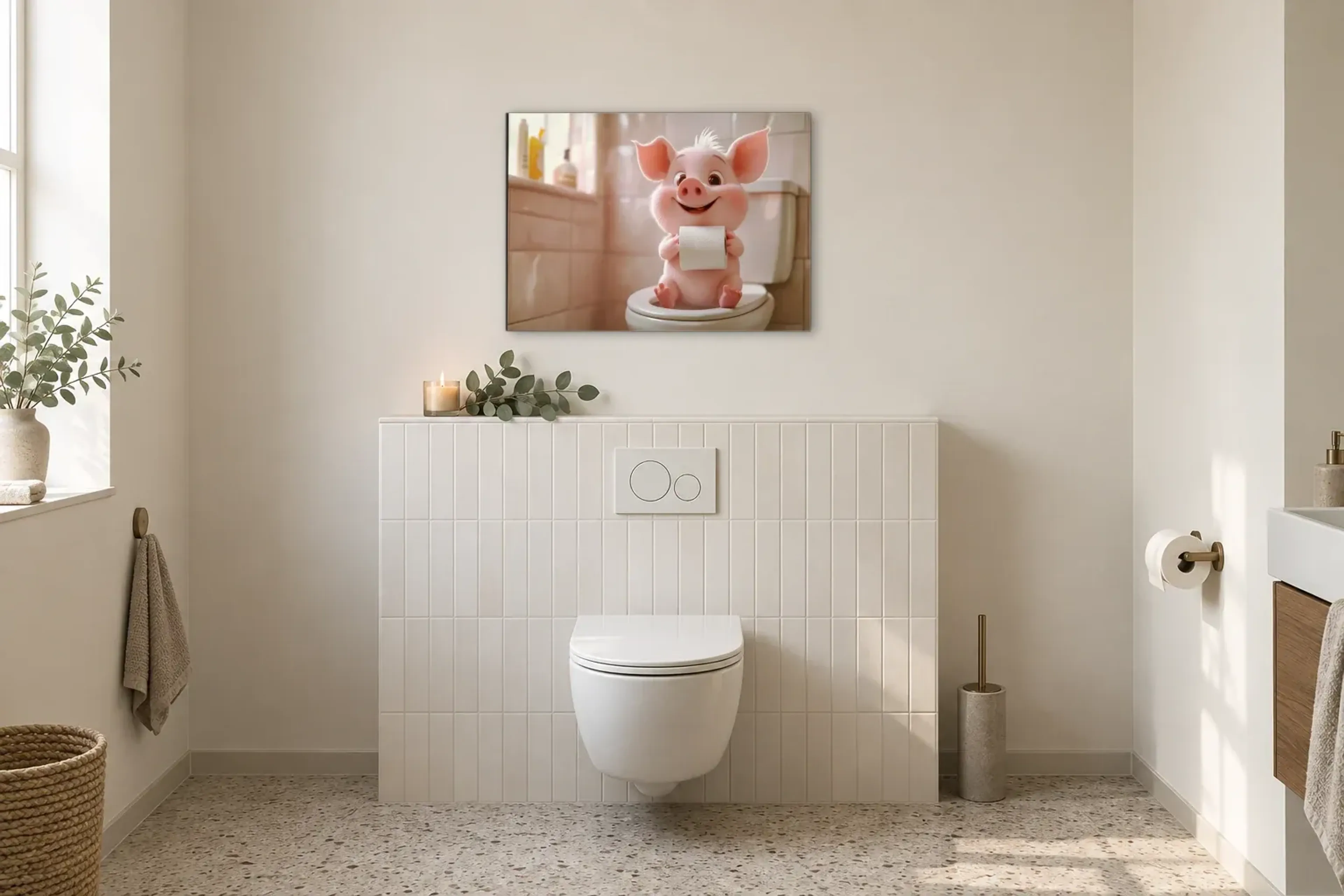 Schweinchen im hellen Bad als Wandbild im Gäste-WC