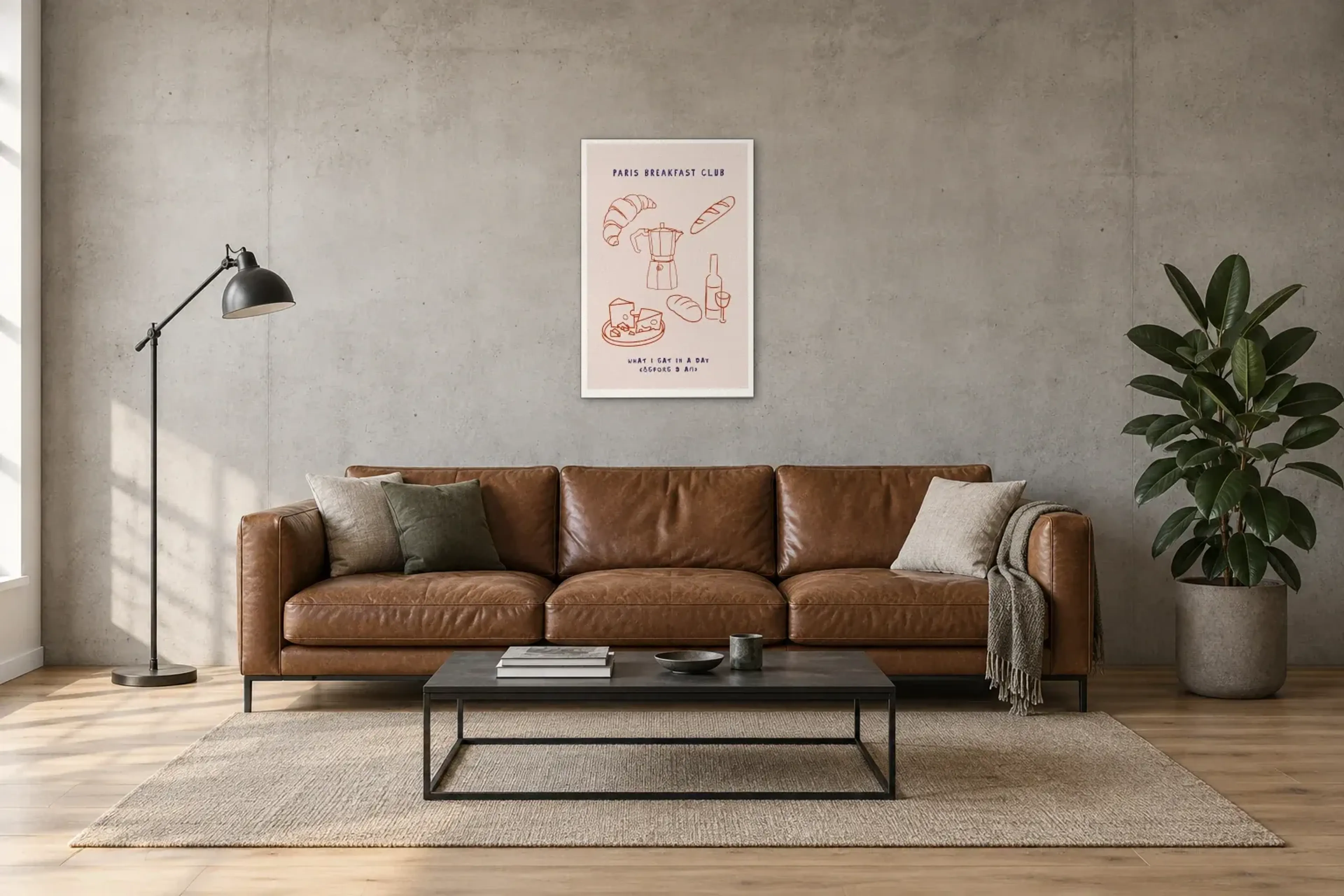 Breakfast Club Paris als Wandbild über einem 220-cm-Sofa