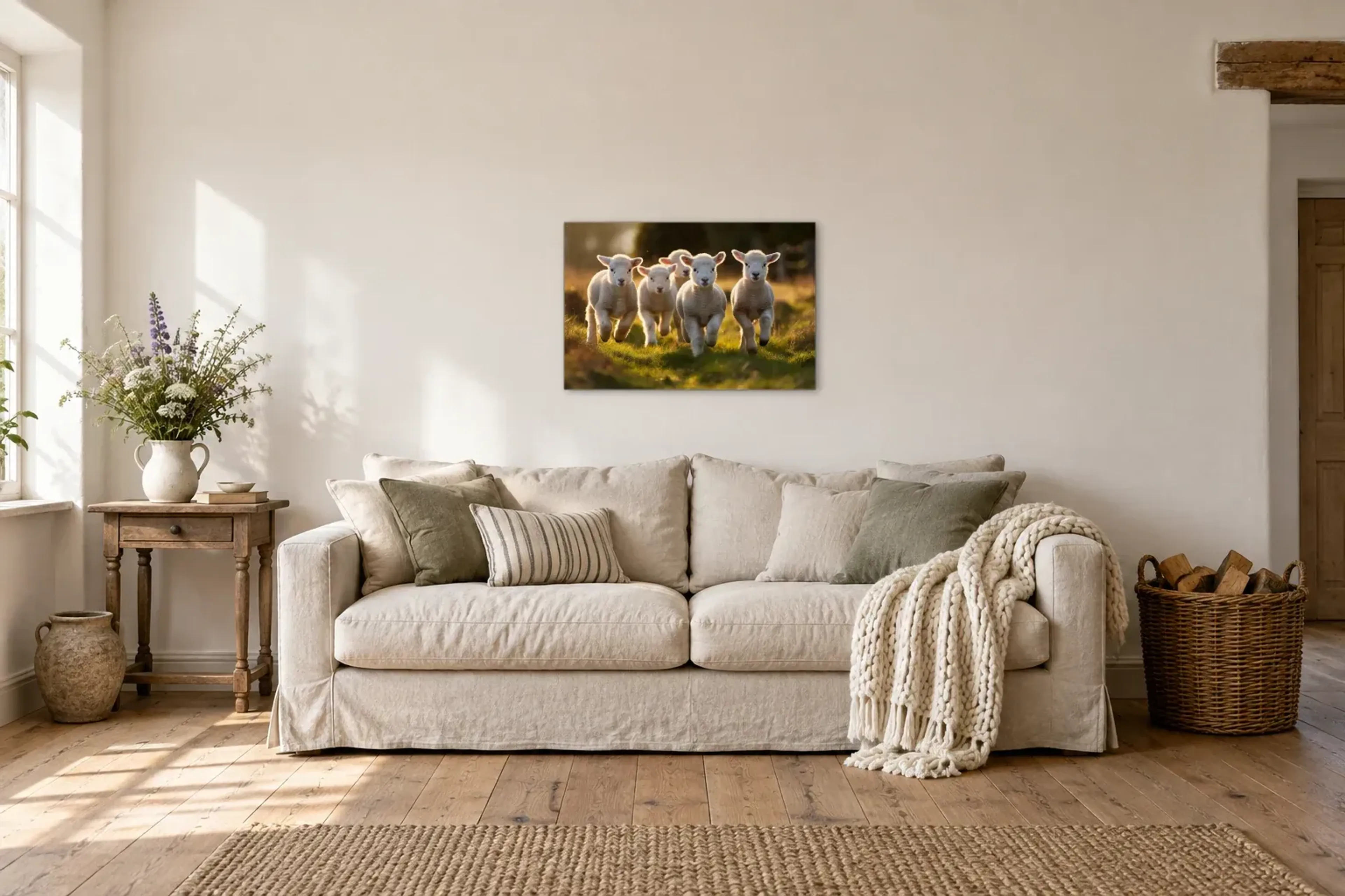 Lämmer im Abendlicht als Wandbild über einem 220-cm-Sofa