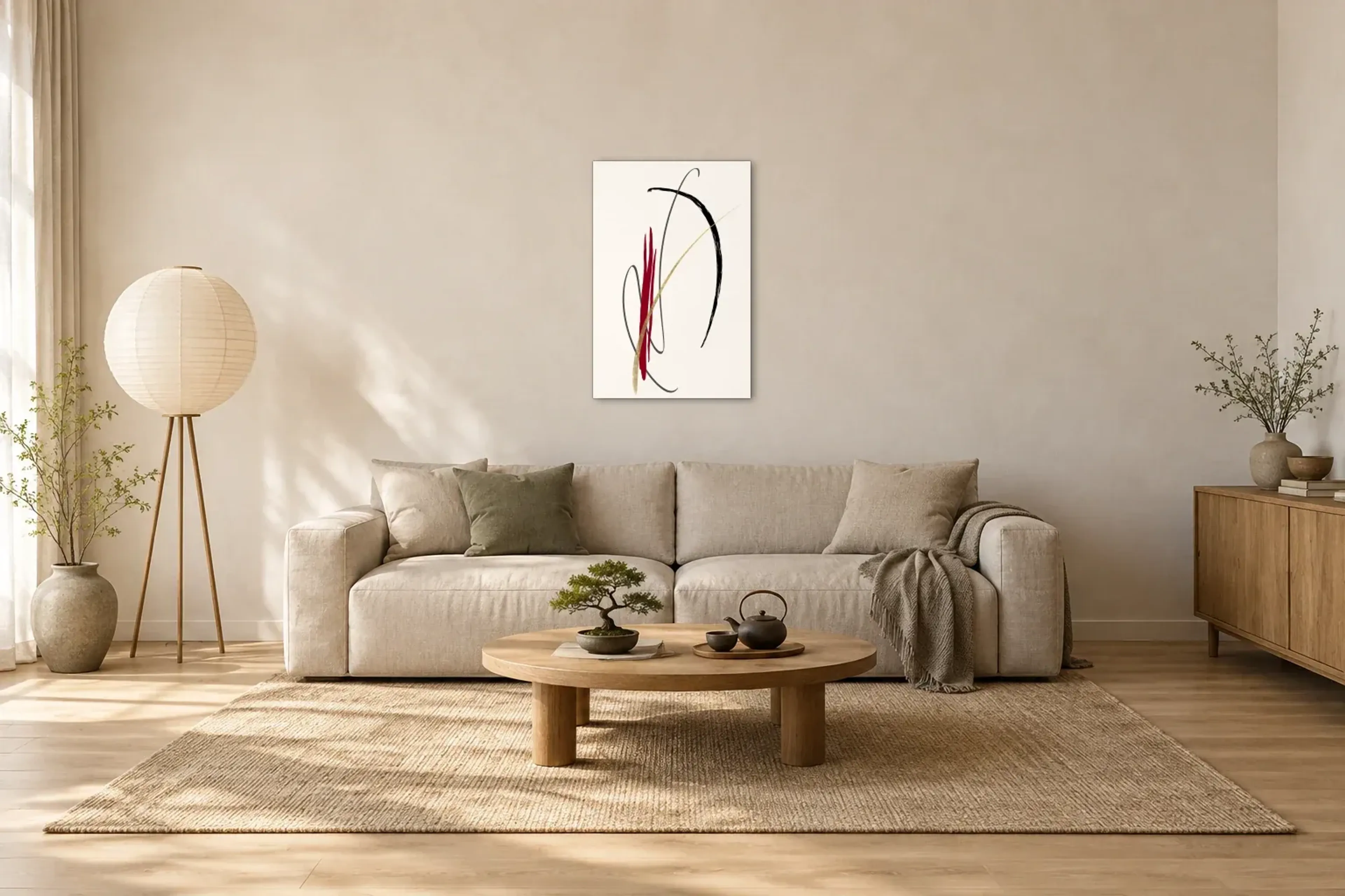 Bögen in Rot und Gold als Wandbild über einem 220-cm-Sofa