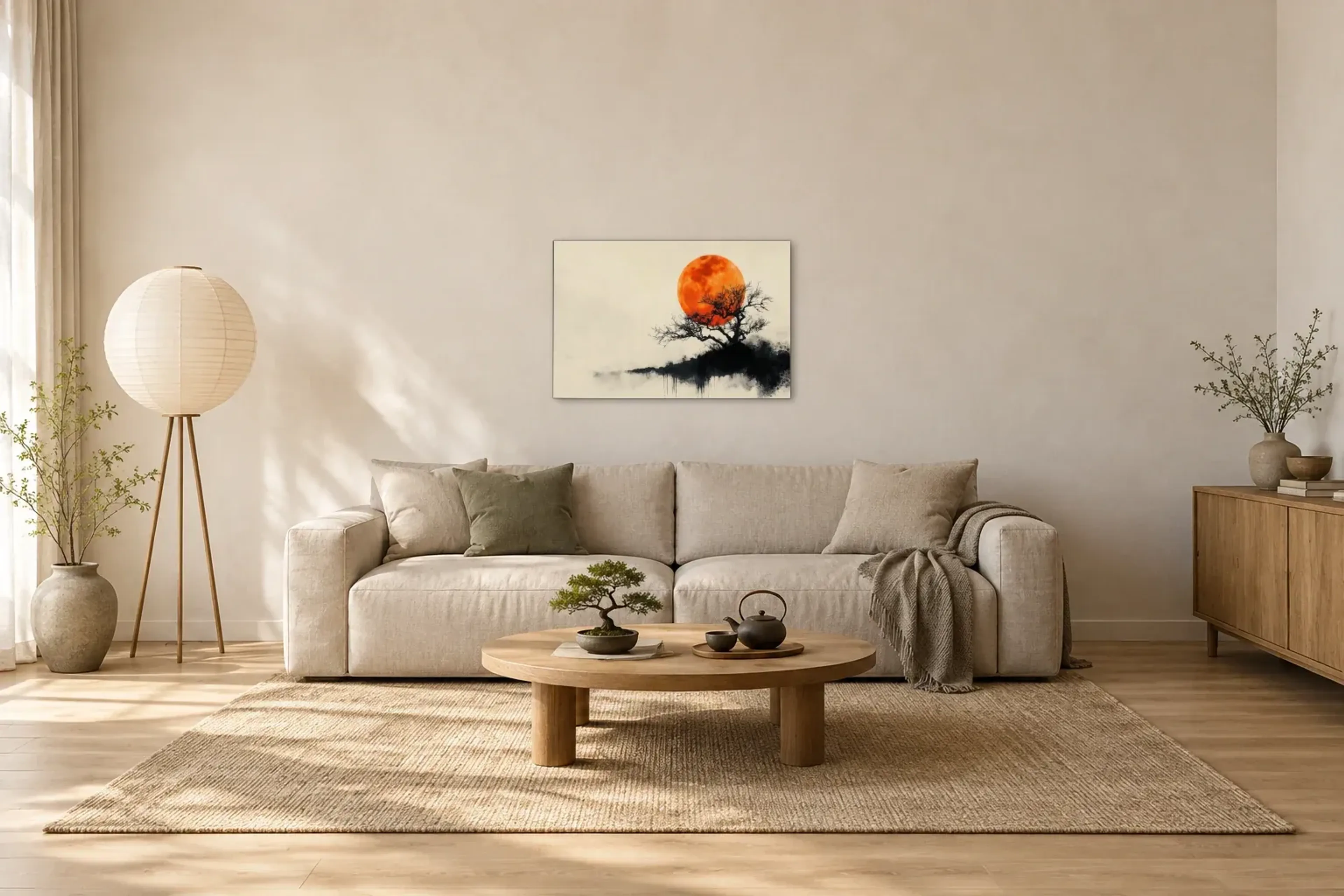 Baum vor orangefarbener Sonne als Wandbild über einem 220-cm-Sofa