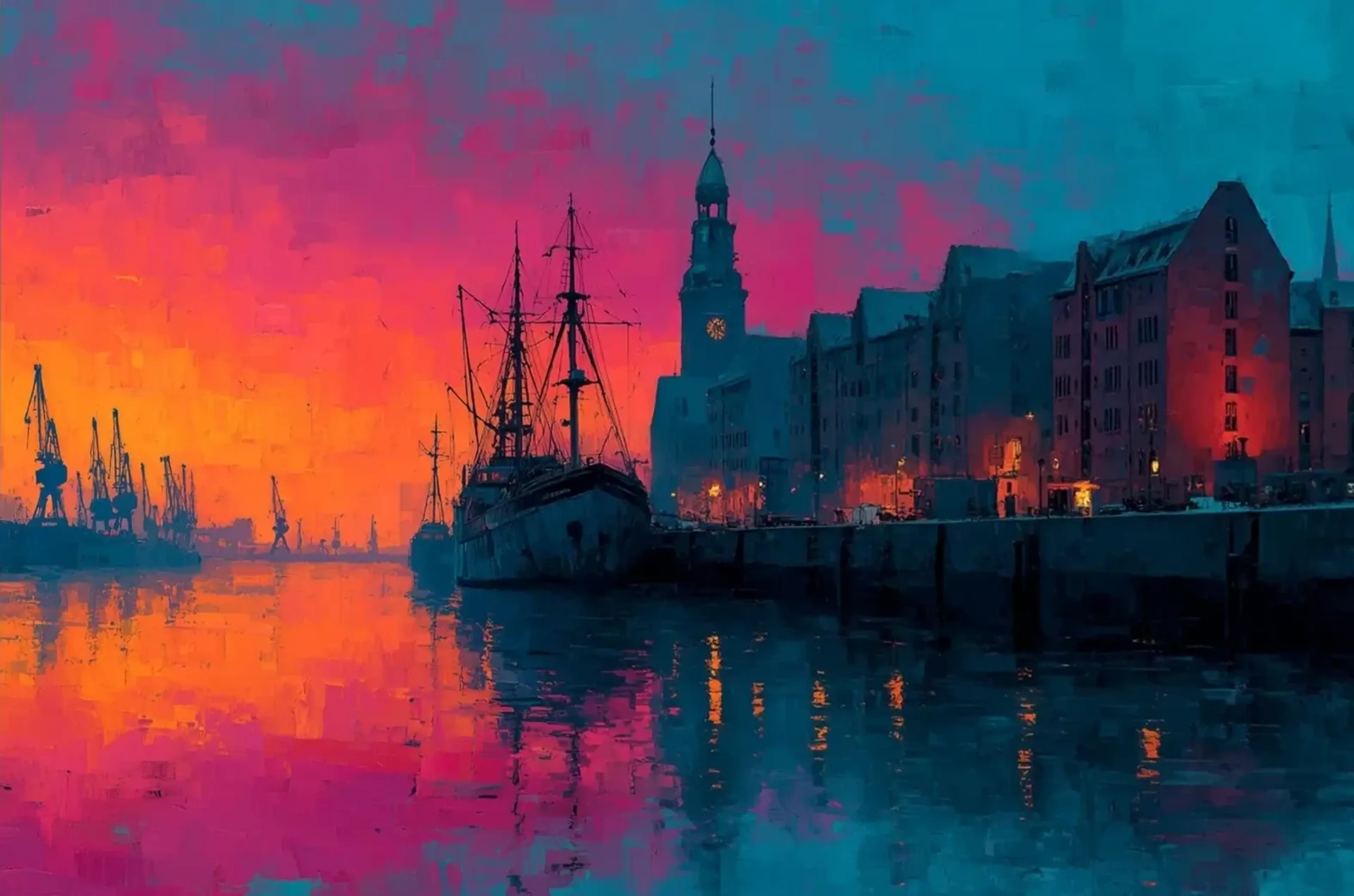 Ein Segelschiff am Kai vor Häusern und einem Turm, darüber ein orange-pinker Himmel mit Spiegelungen im Wasser.